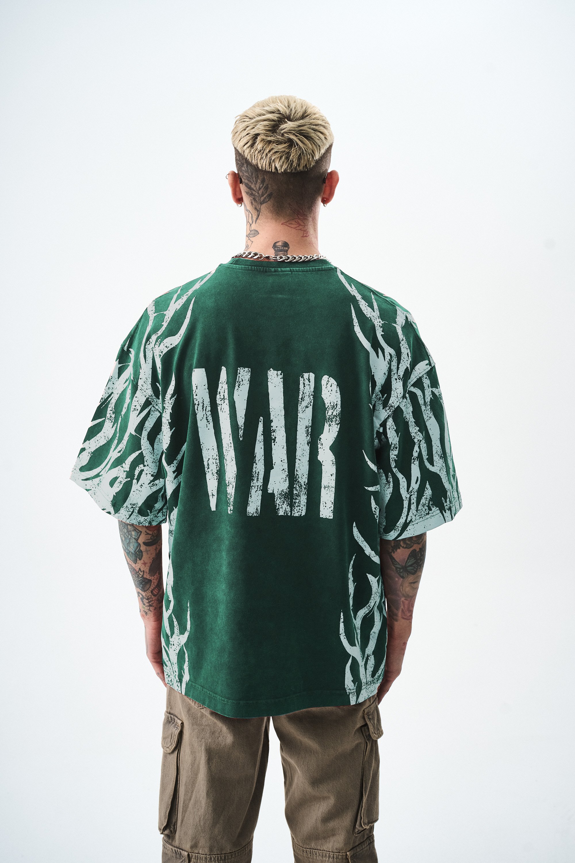 Erkek War Baskılı Yıkamalı Oversize T-Shirt Yeşil