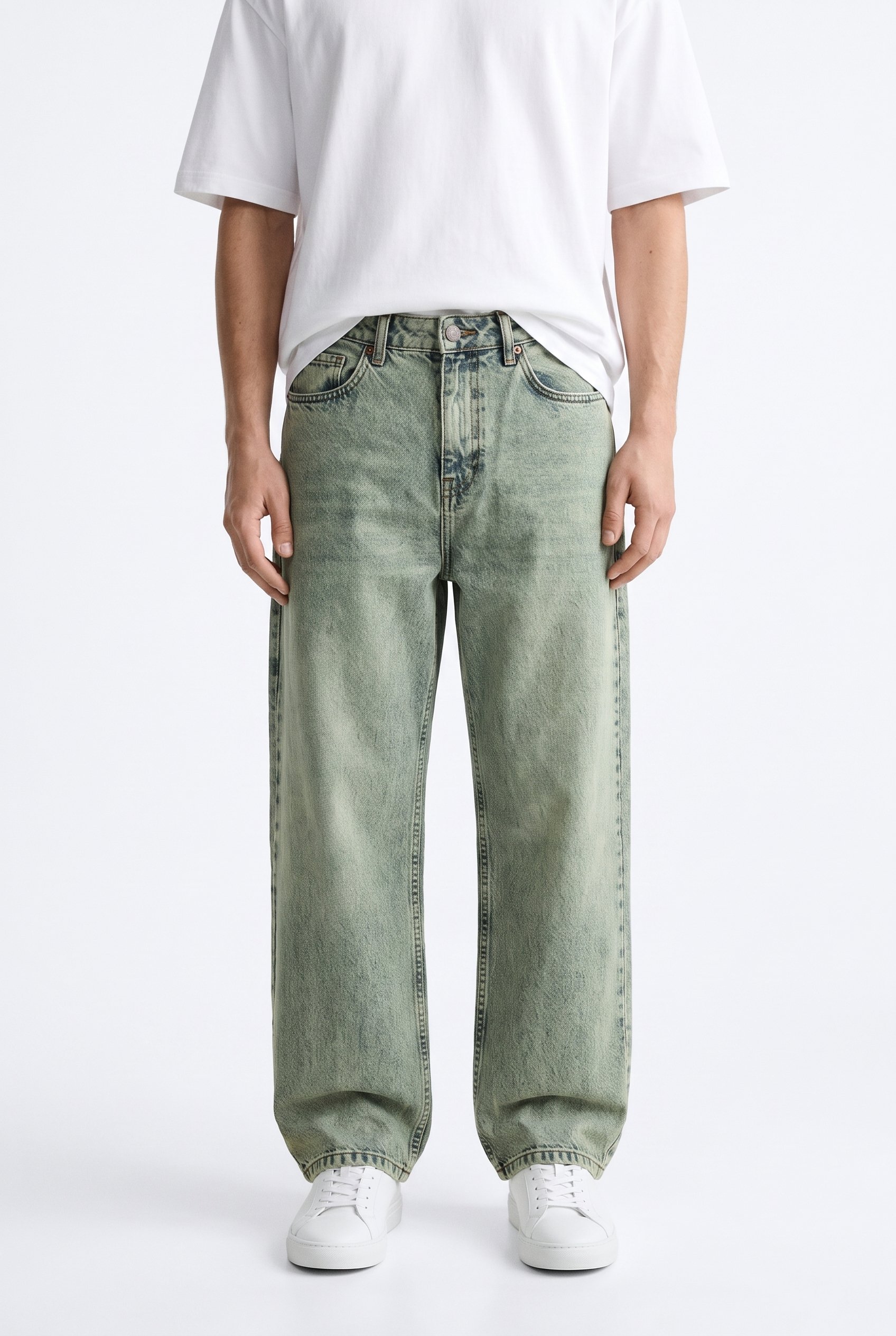 Erkek Washed Basic Baggy Jean Yeşil