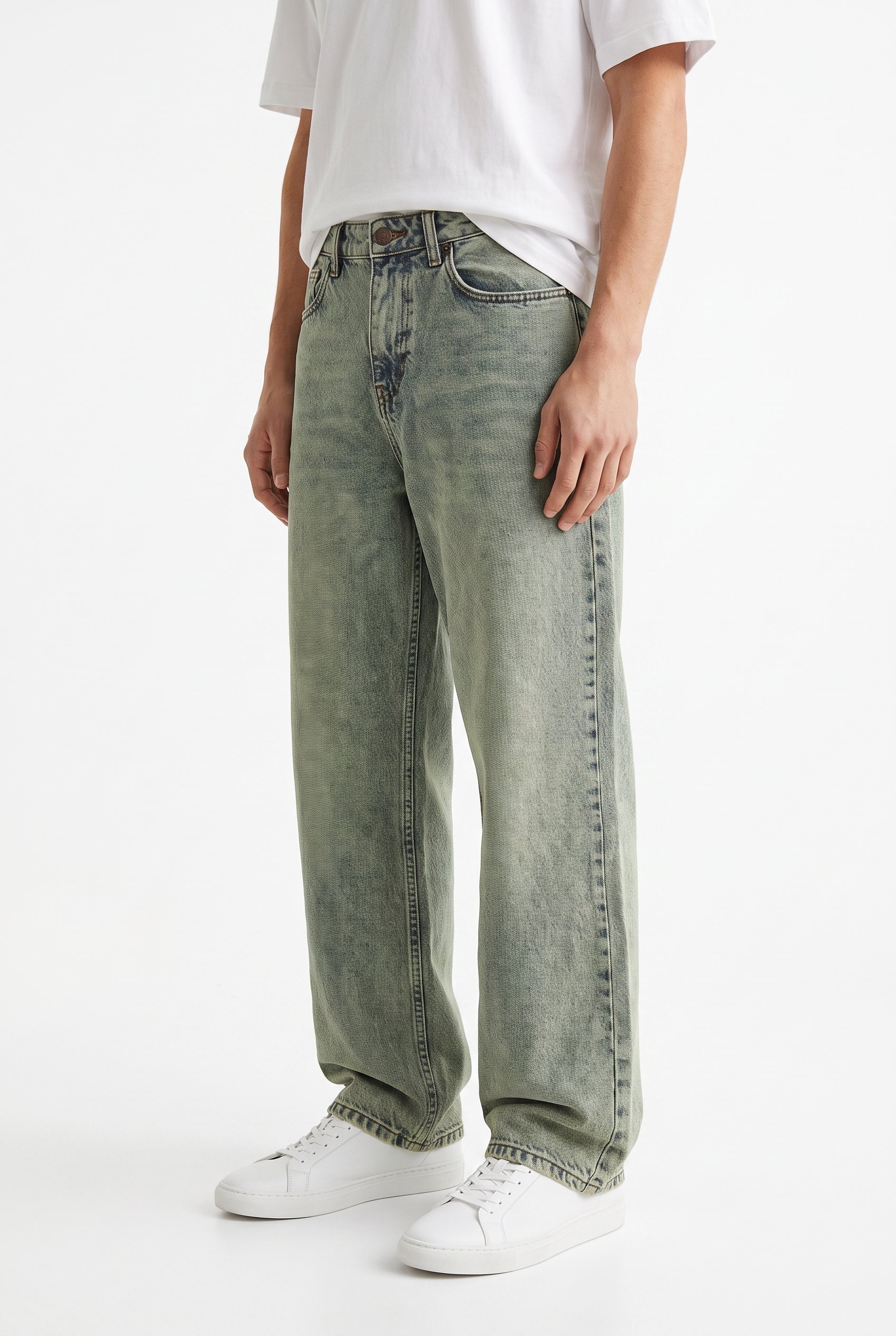 Erkek Washed Basic Baggy Jean Yeşil