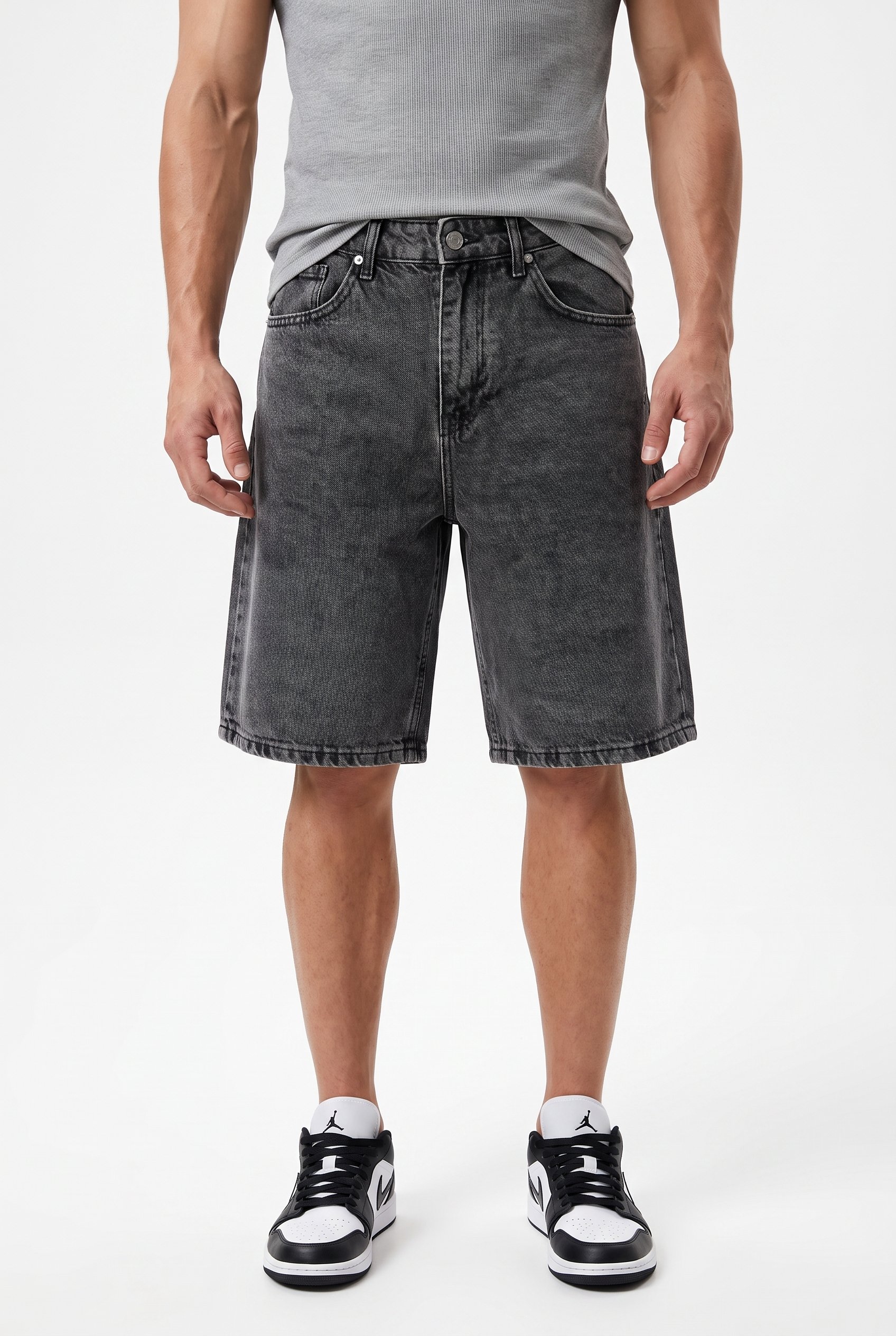 Erkek Washed Jean Şort Siyah