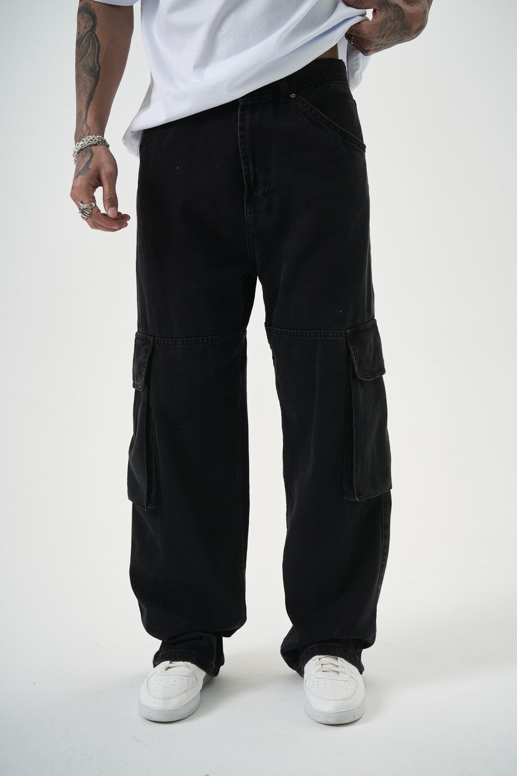 Erkek Washed Paraşüt Kargo Baggy Pantolon Siyah