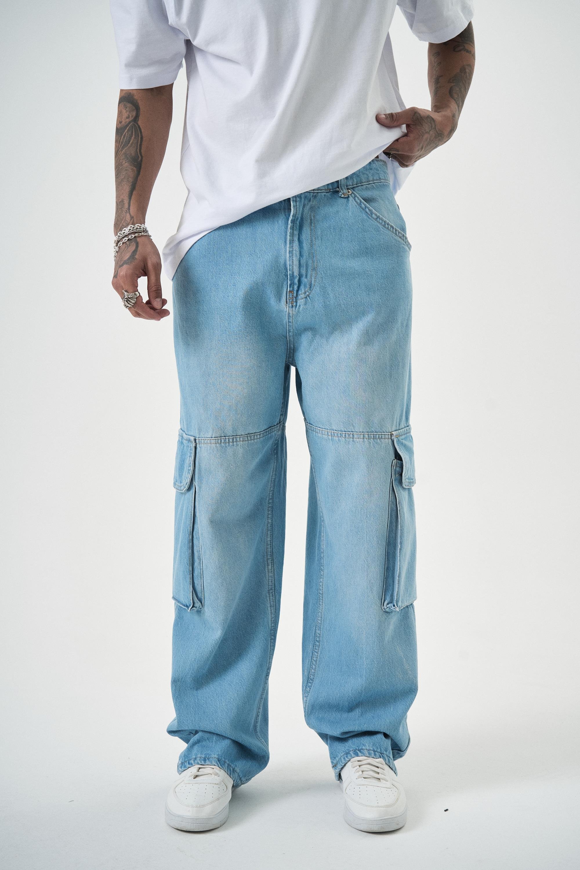 Erkek Washed Paraşüt Kargo Baggy Pantolon Mavi