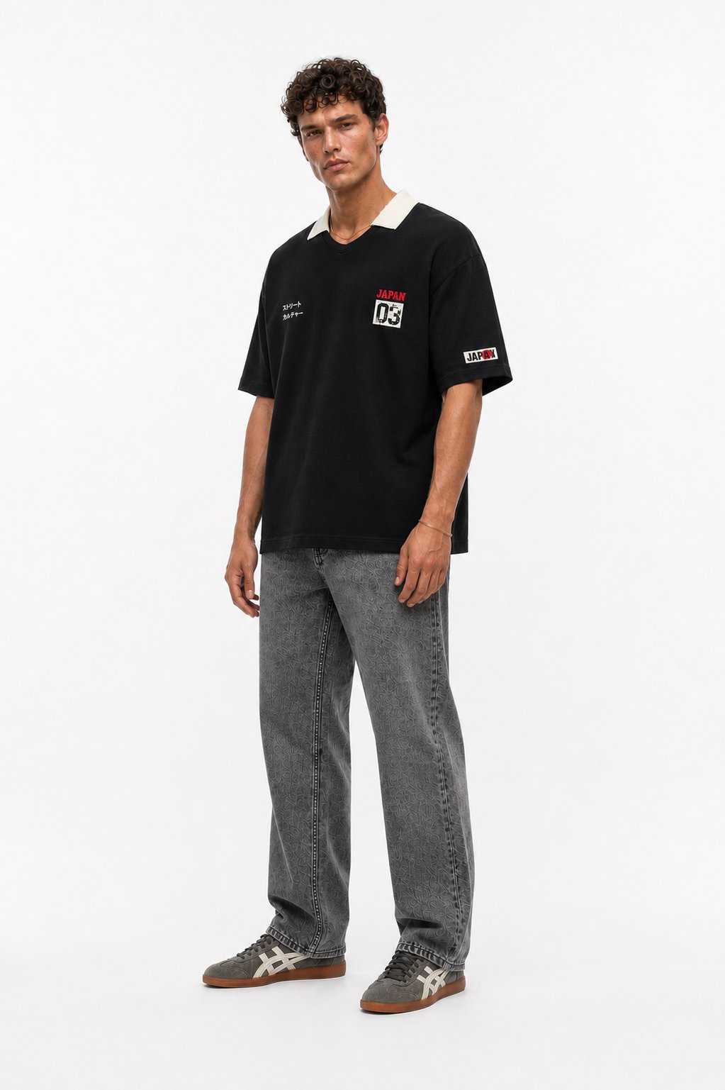 Erkek Yaka Detaylı Oversize T-Shirt Siyah