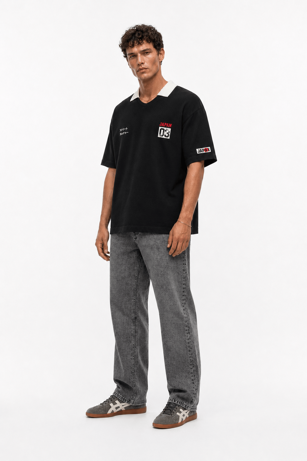 Erkek Yaka Detaylı Oversize T-Shirt Siyah