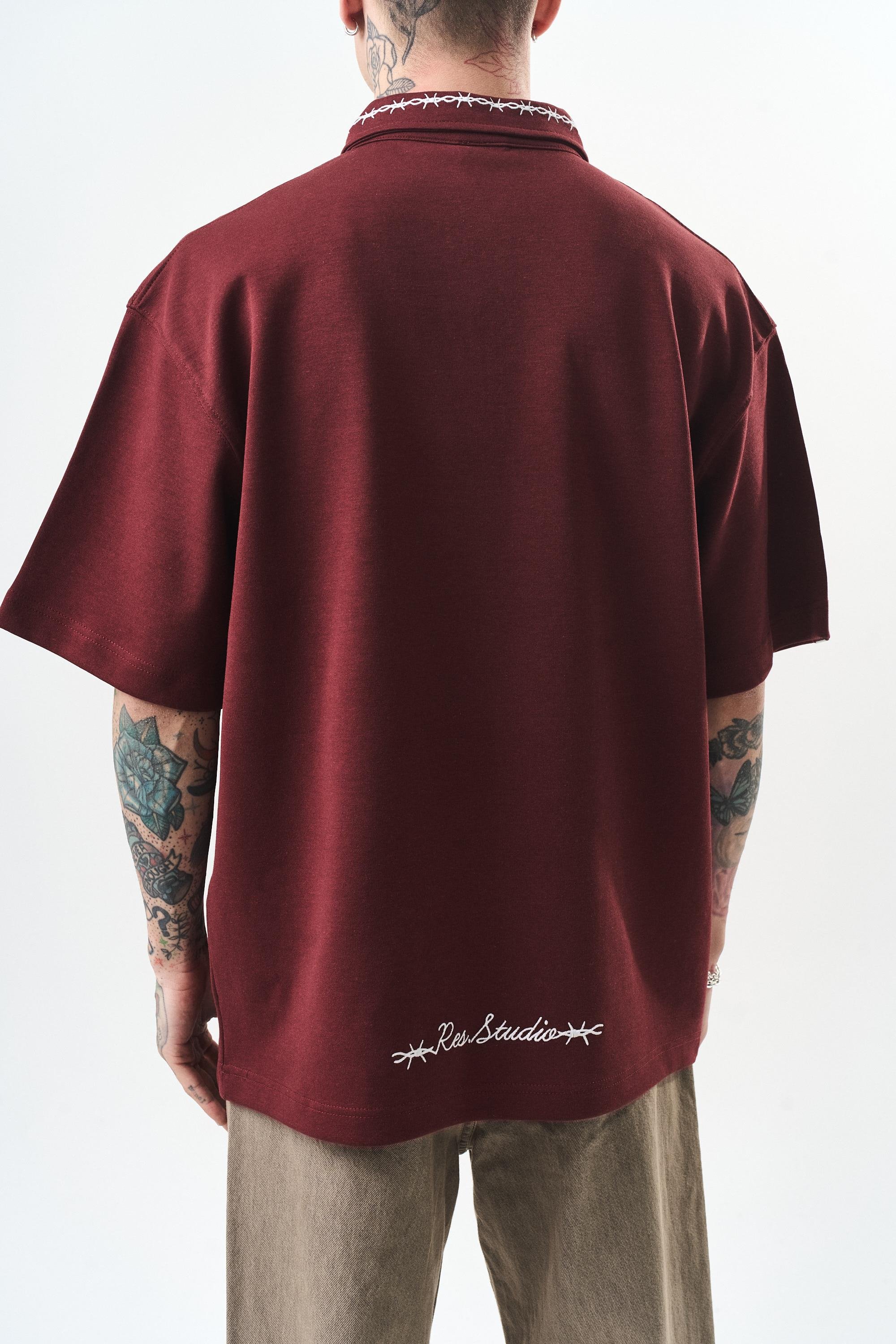 Erkek Yarım Fermuarlı Nakışlı Oversize T-Shirt Bordo