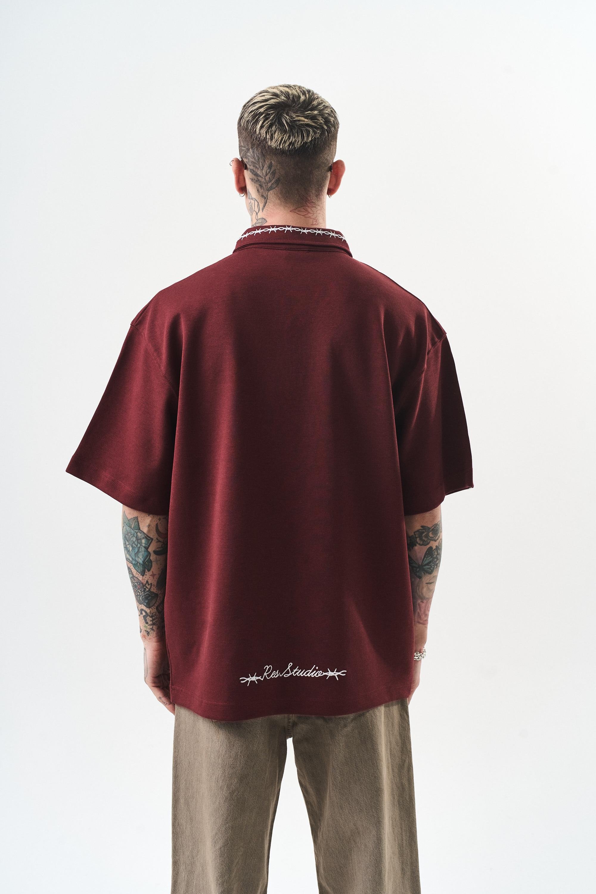 Erkek Yarım Fermuarlı Nakışlı Oversize T-Shirt Bordo
