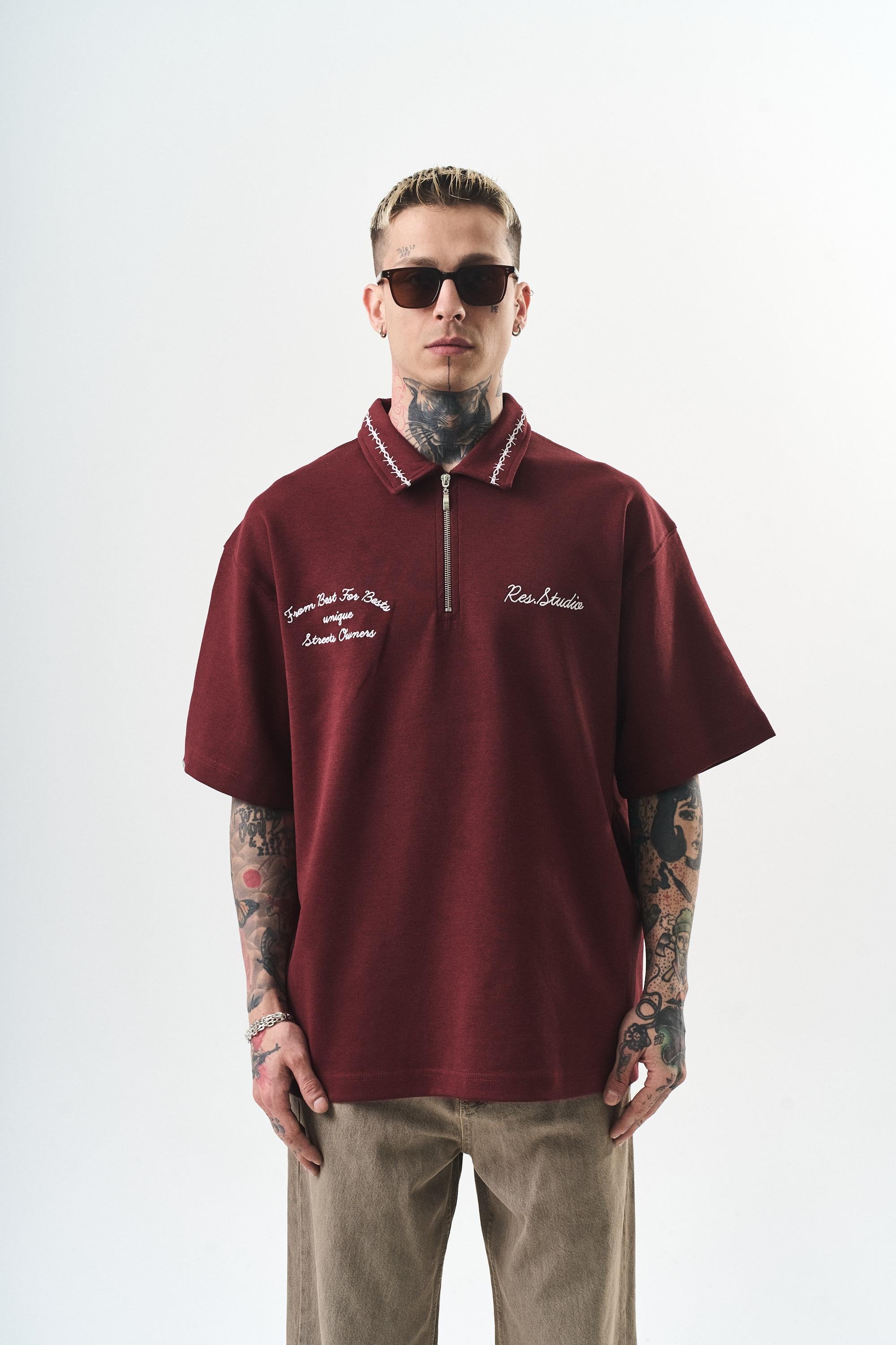 Erkek Yarım Fermuarlı Nakışlı Oversize T-Shirt Bordo