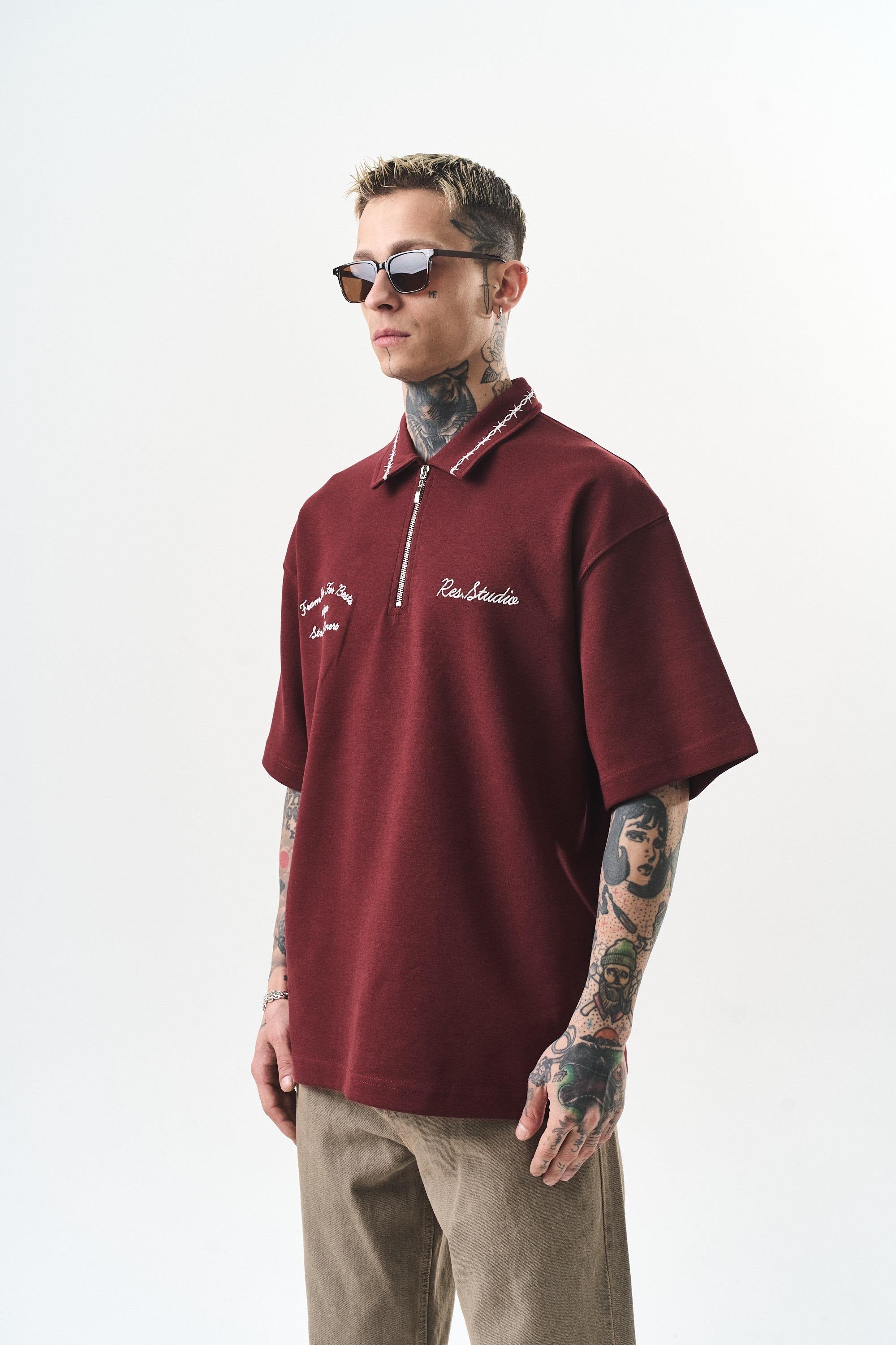 Erkek Yarım Fermuarlı Nakışlı Oversize T-Shirt Bordo