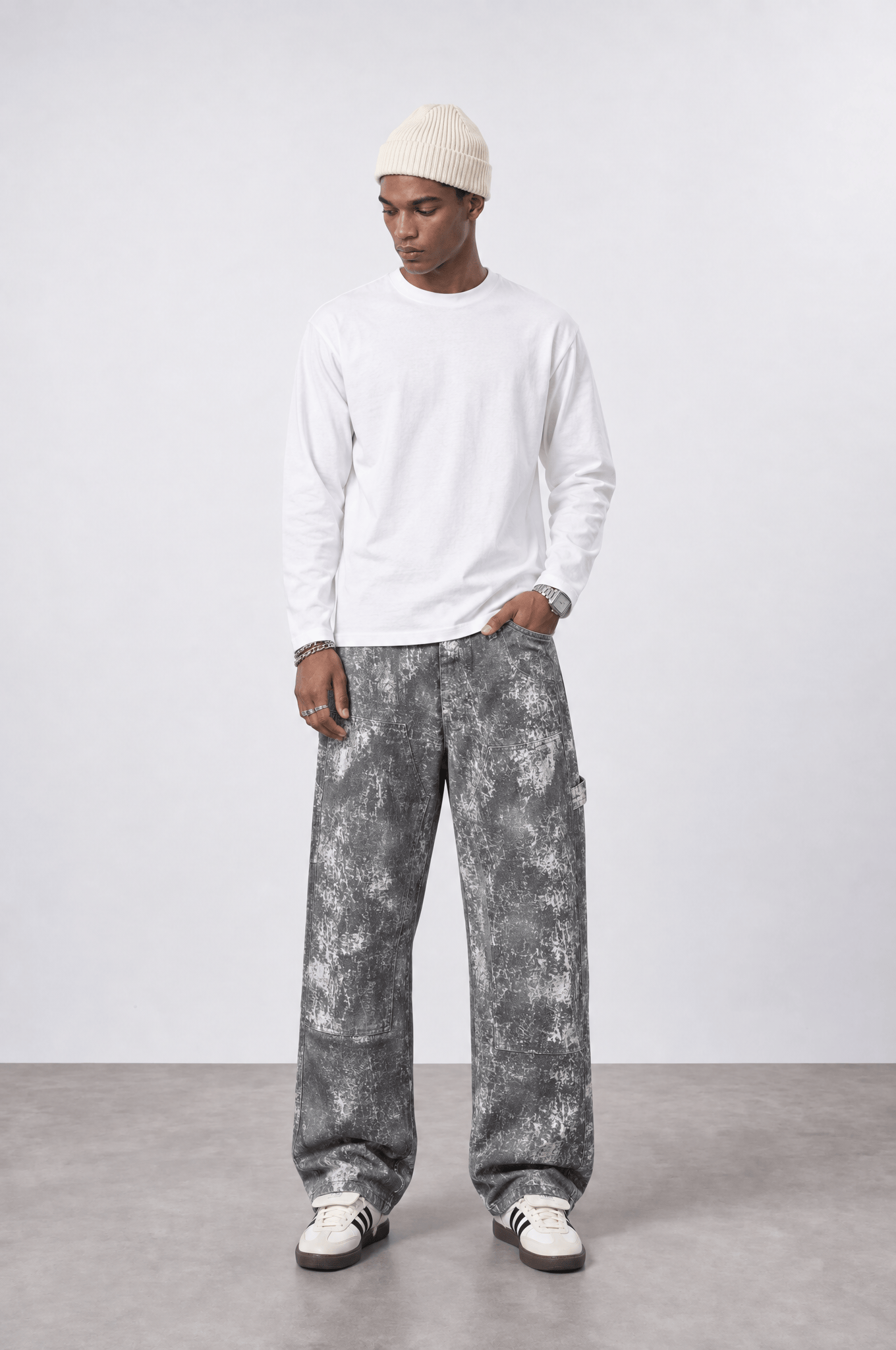 Erkek Yıkamalı Carpenter Baggy Jean Gri