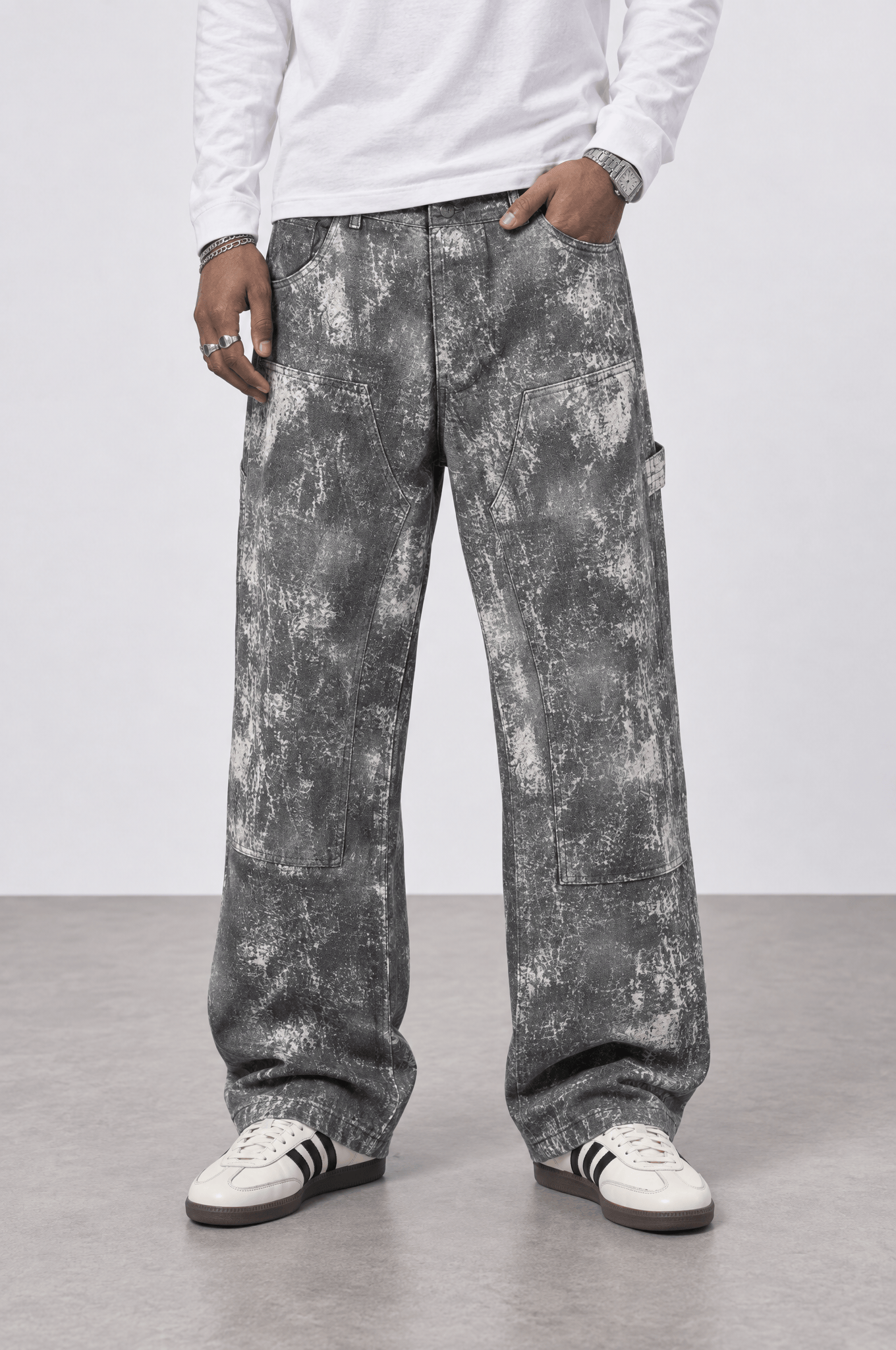 Erkek Yıkamalı Carpenter Baggy Jean Gri