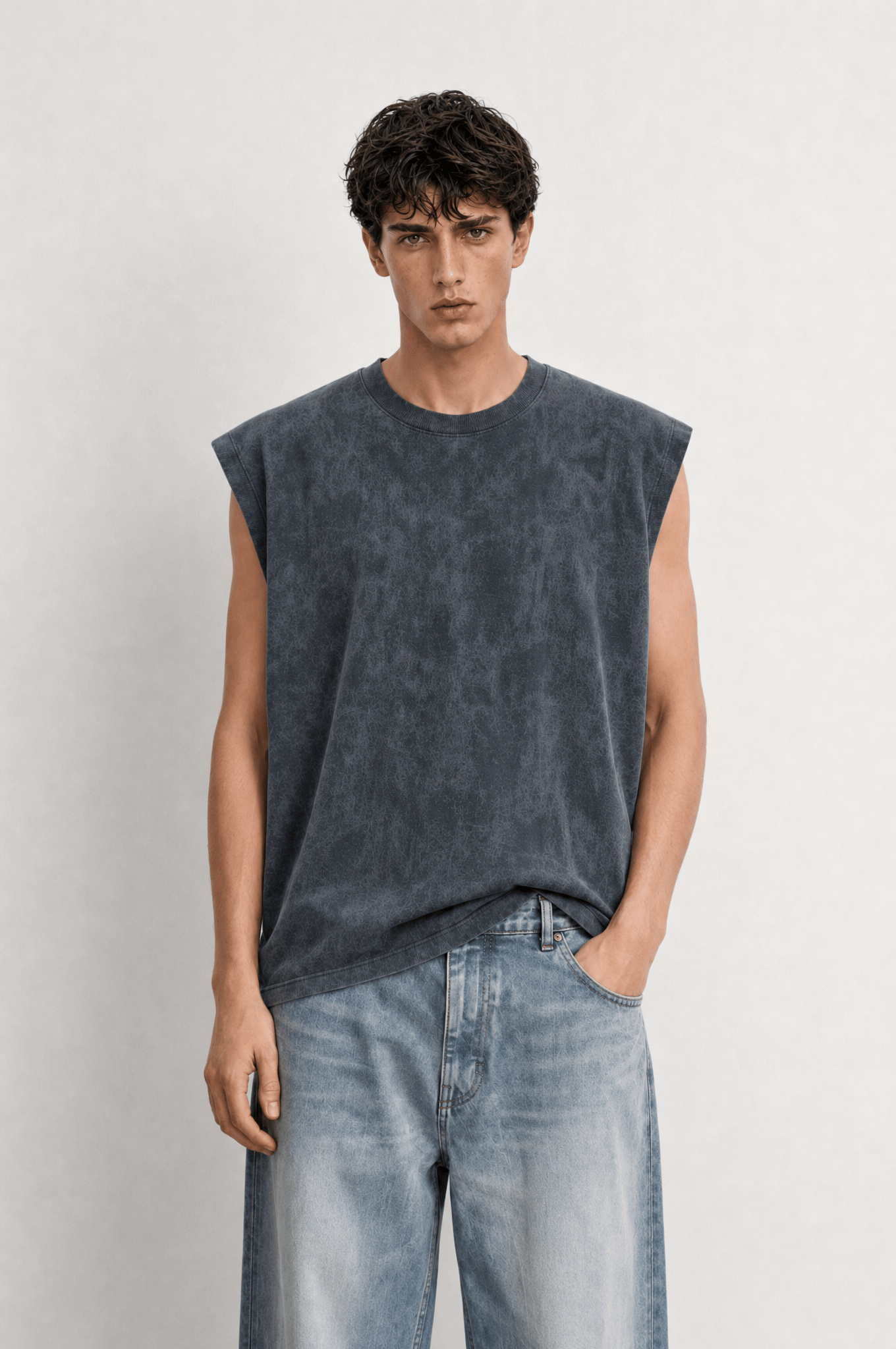 Erkek Yıkamalı Tank Top Atlet Füme