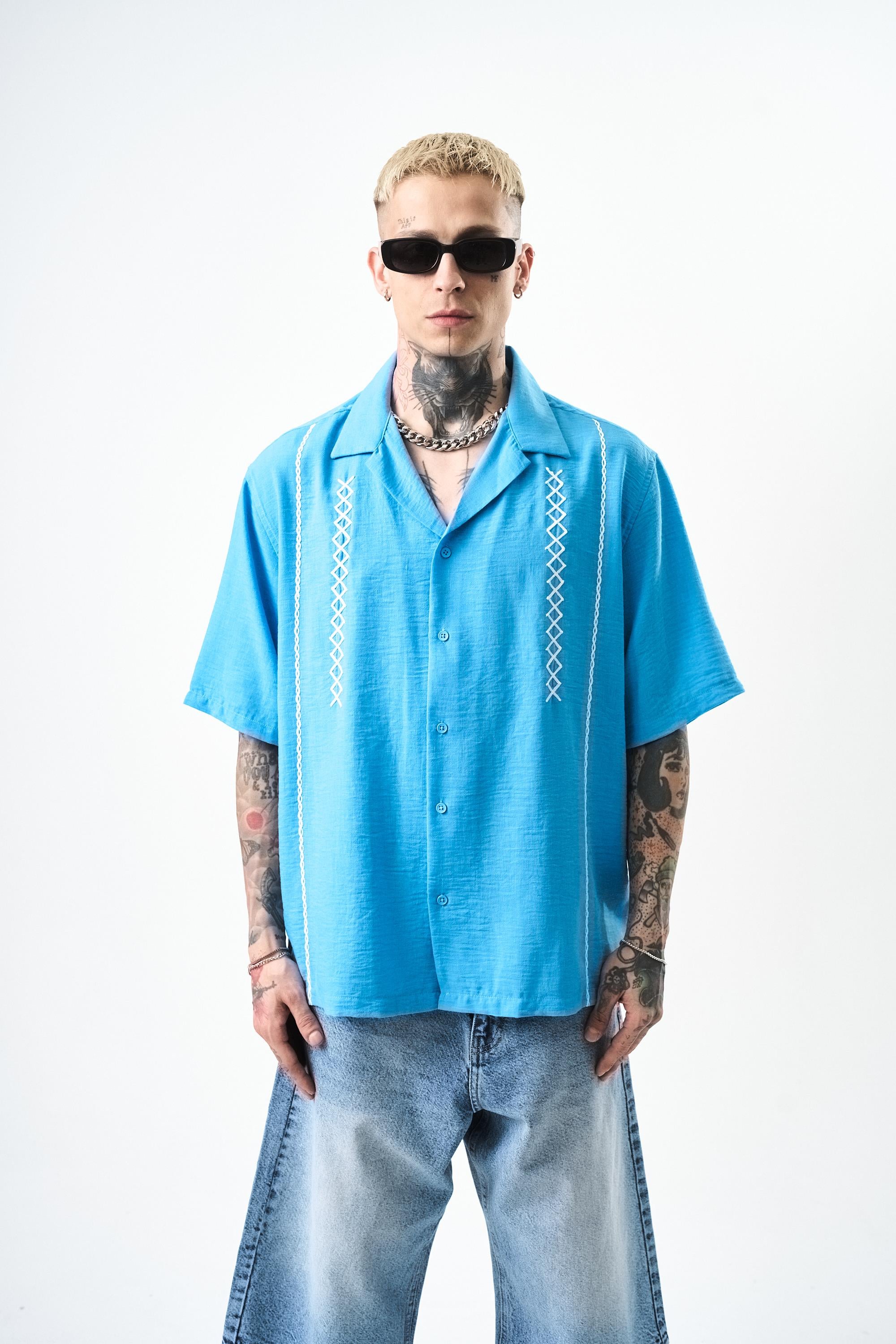 Erkek Zigzag Nakışlı Oversize Keten Gömlek Mavi