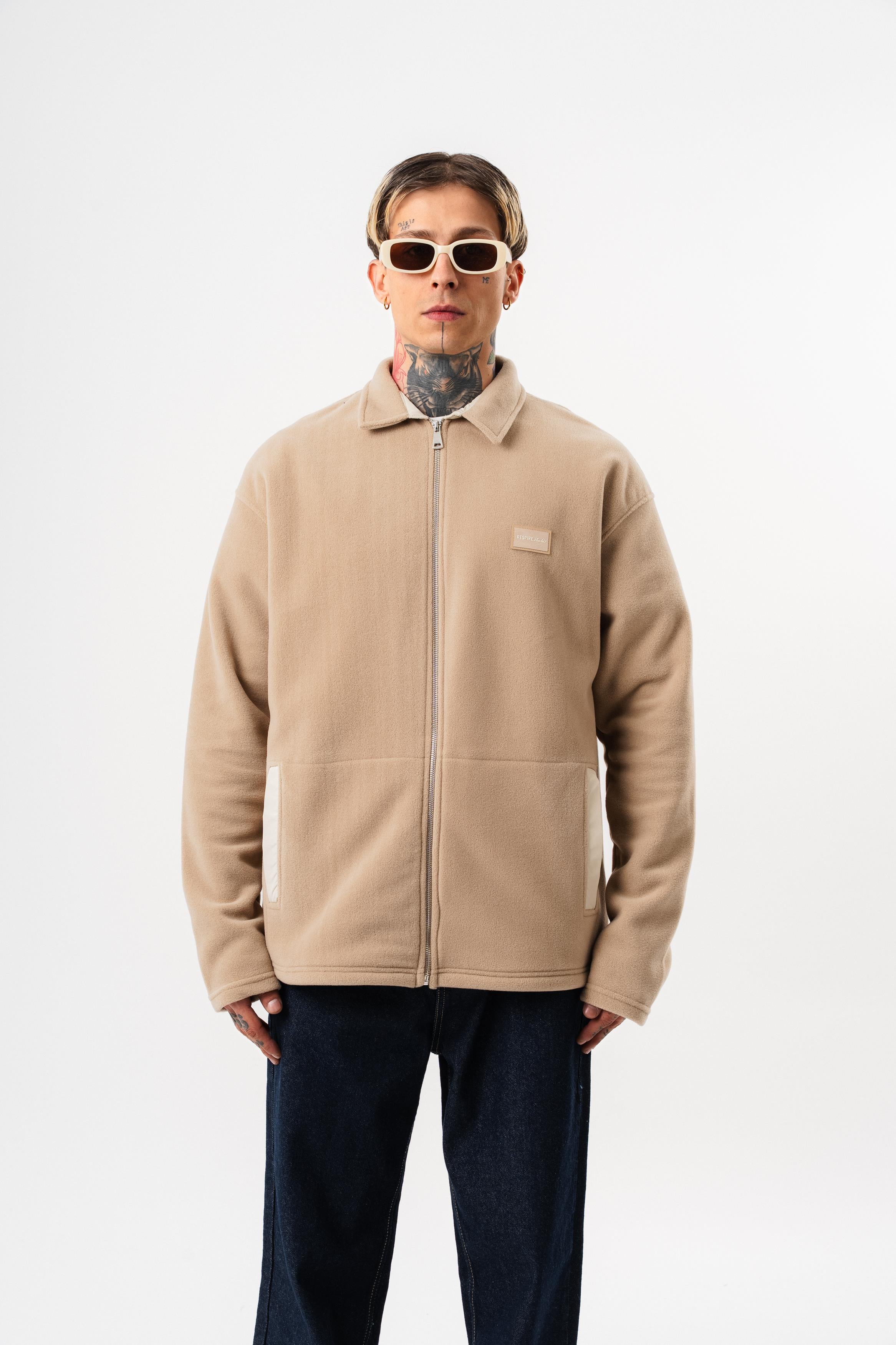 Erkek Zip Oversize Polar Ceket Bej