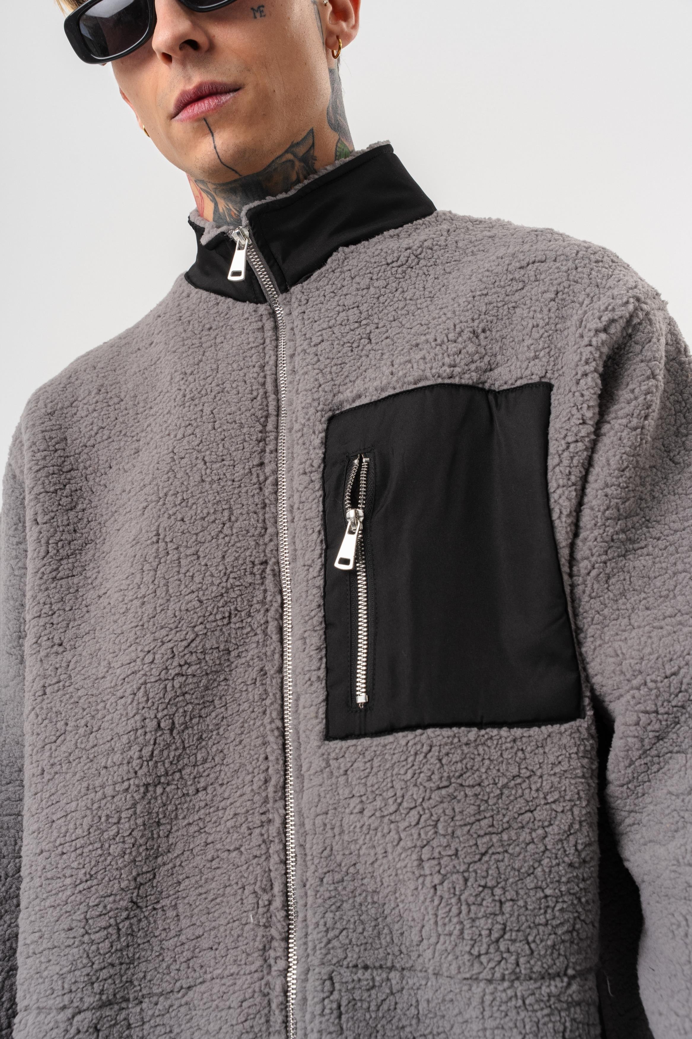 Erkek Zip Oversize Teddy Ceket Gri