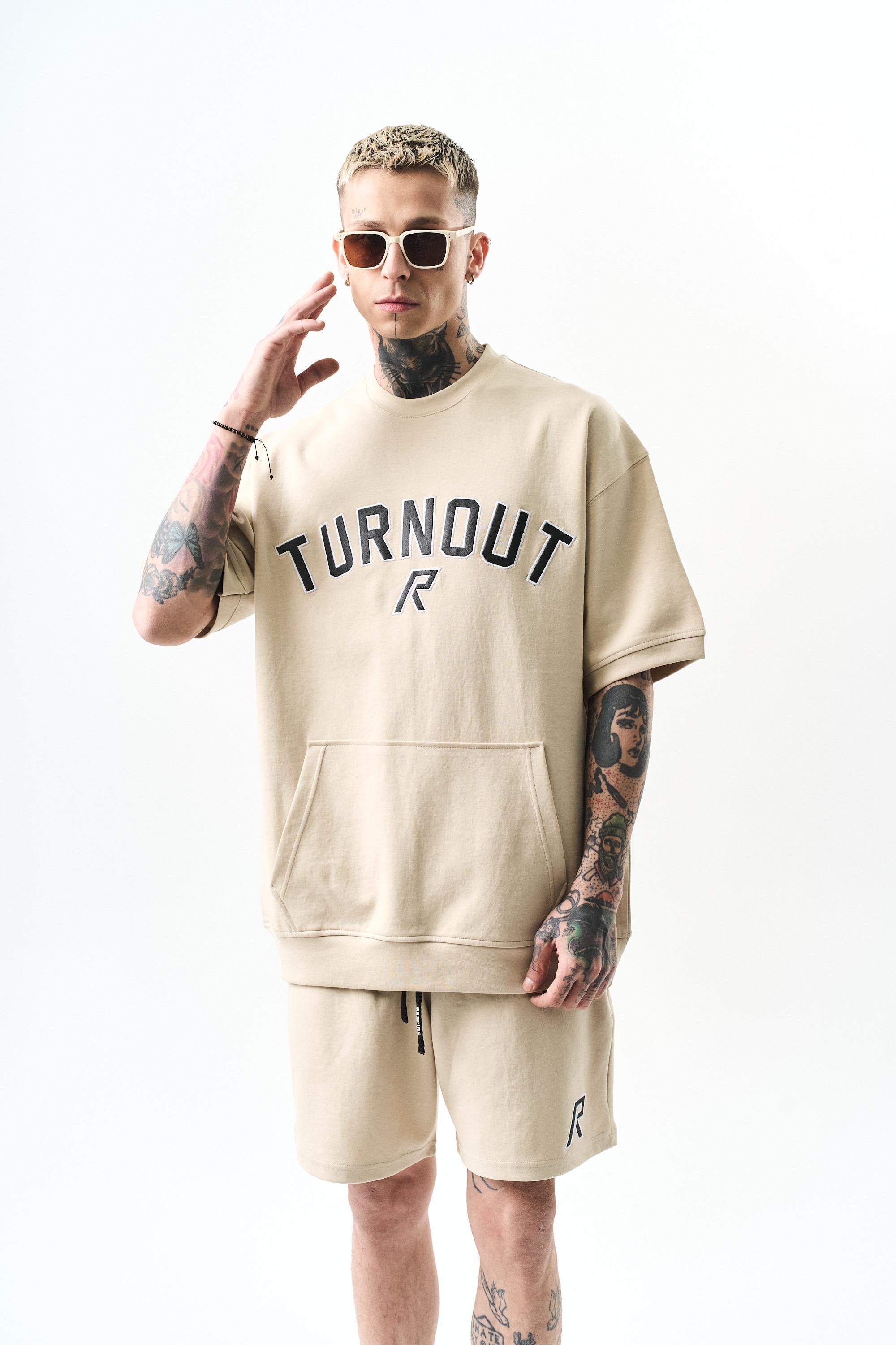 Turnout Nakışlı İnterlok Oversize Şort Takım Bej