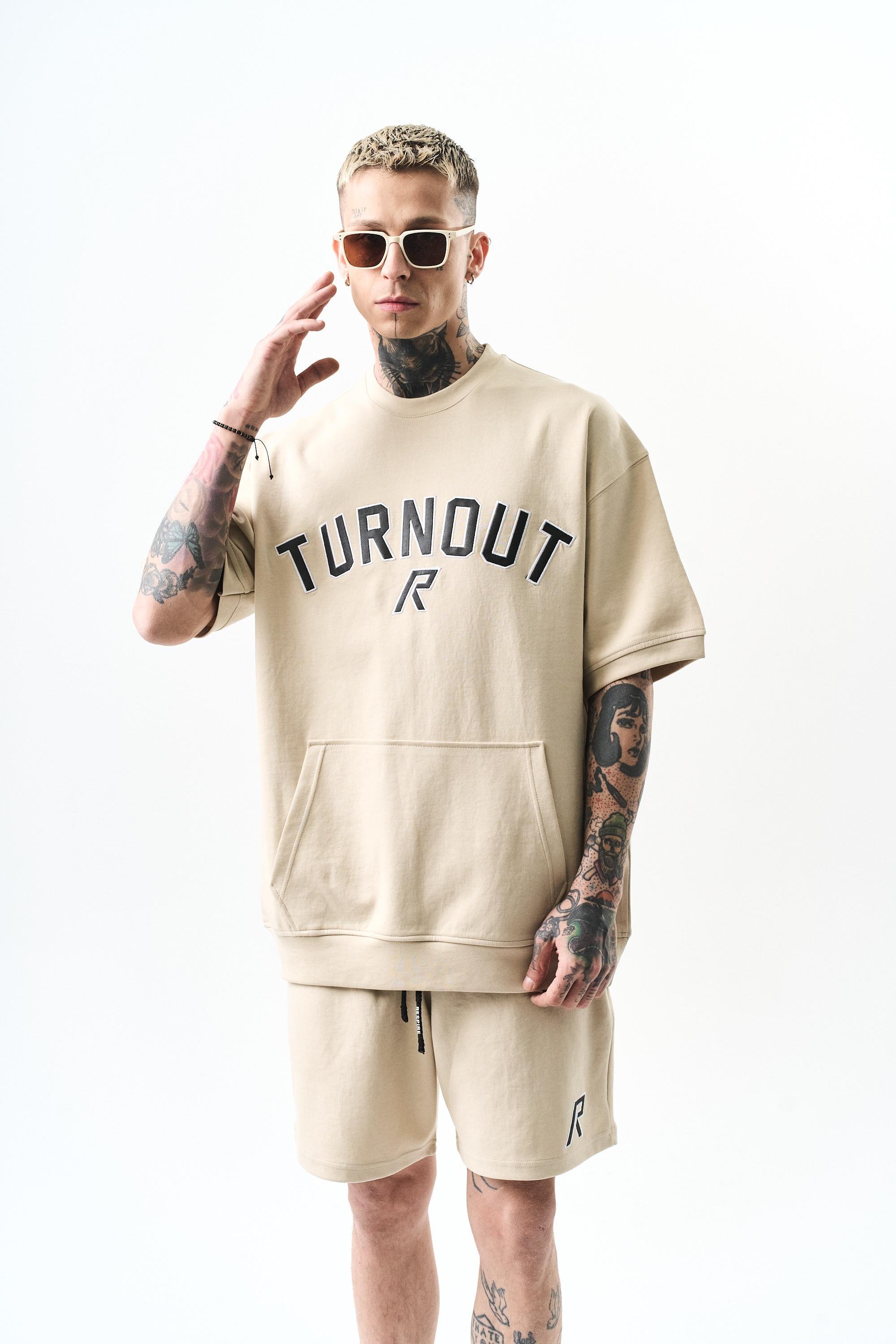 Turnout Nakışlı İnterlok Oversize Şort Takım Bej
