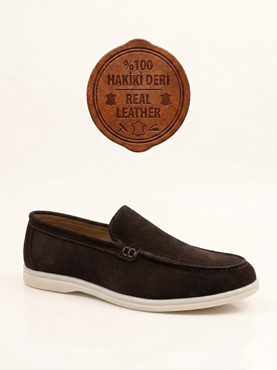 BA0252 %100 İçi Dışı Hakiki Deri Erkek Kahverengi Süet Casual Loafer Termo Taban Ayakkabı