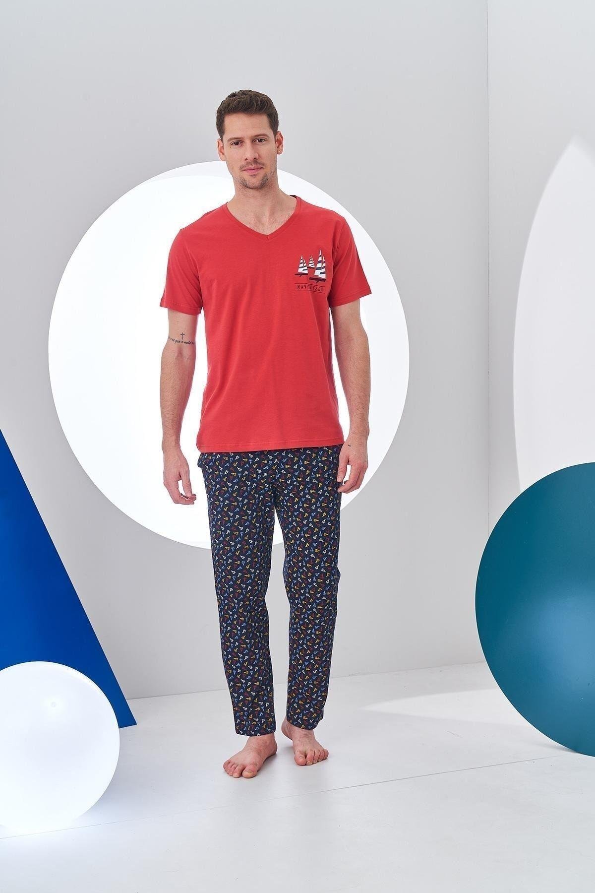 24306 Erkek V Yaka Desenli Pijama Takım