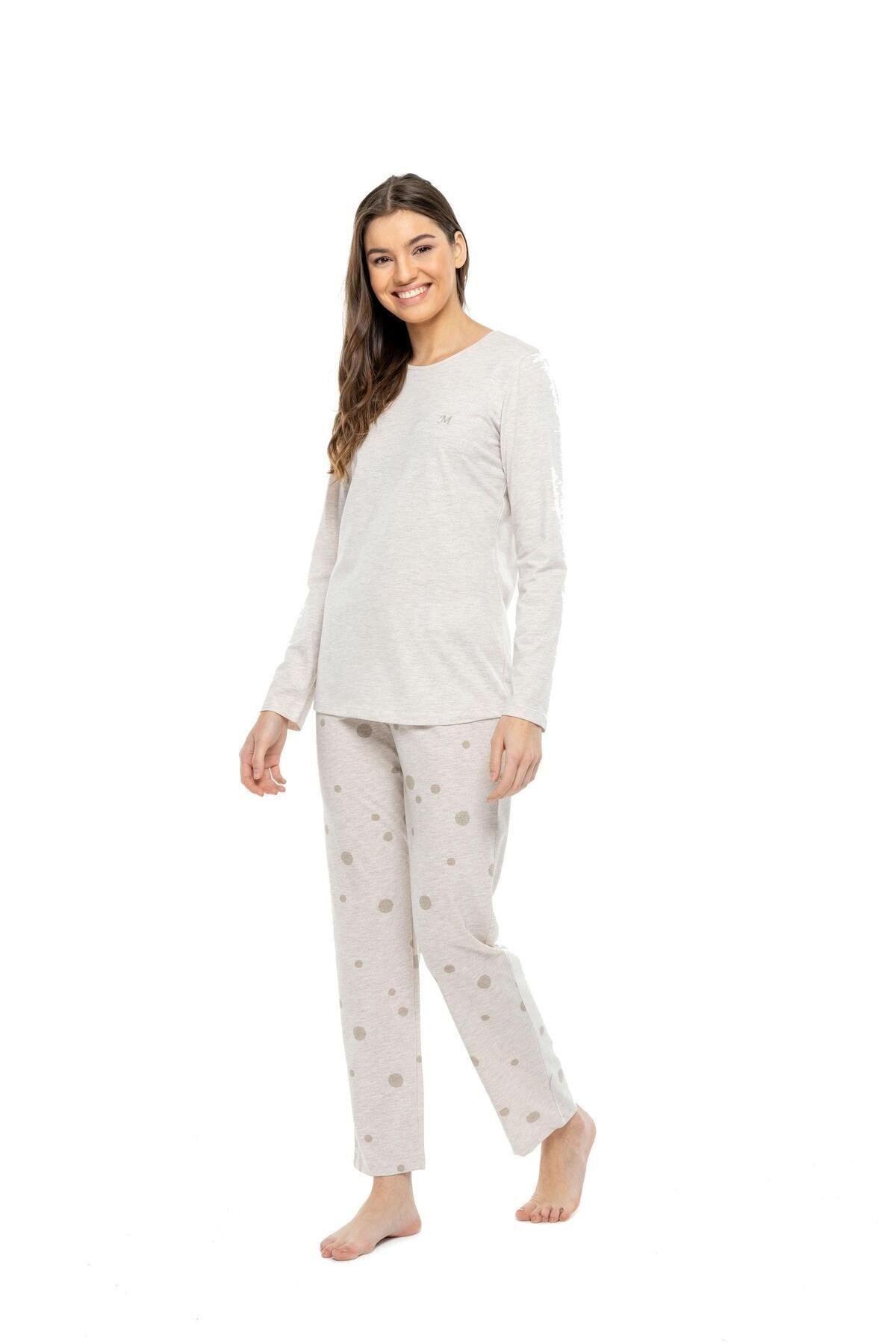 3993 Kadın Pembe Melanj Yuvarlak Yaka Uzun Kollu Pijama Takımı -pembemelanj