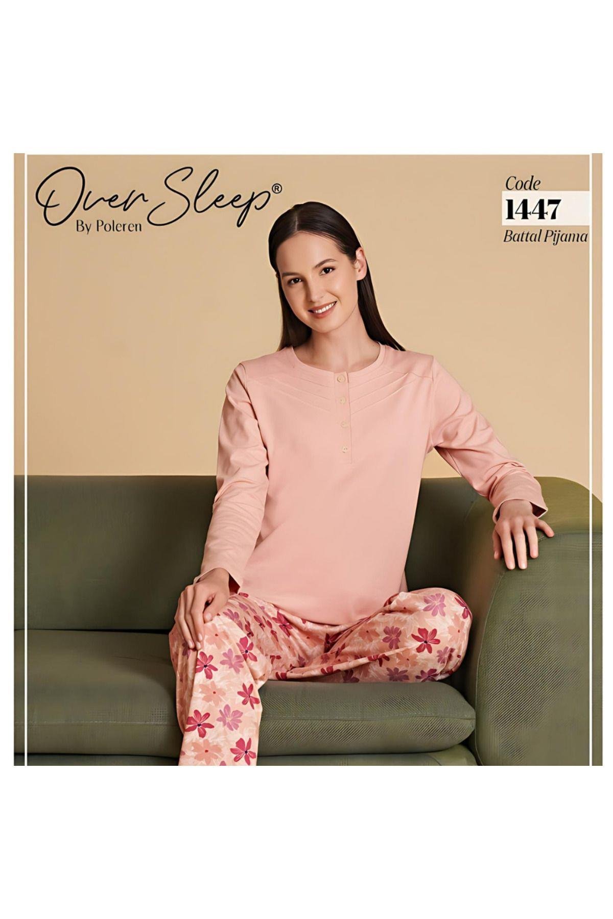 Büyük Beden Sıfır Yaka Uzun Kollu Kadın Pijama Takımı