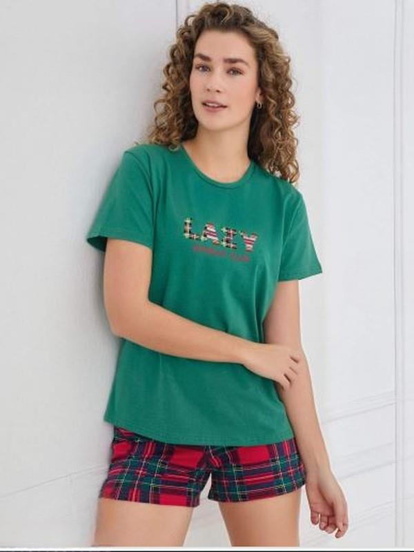 Compact Penye Kısa Kollu Kadın Yeşil Şortlu Pijama Takımı