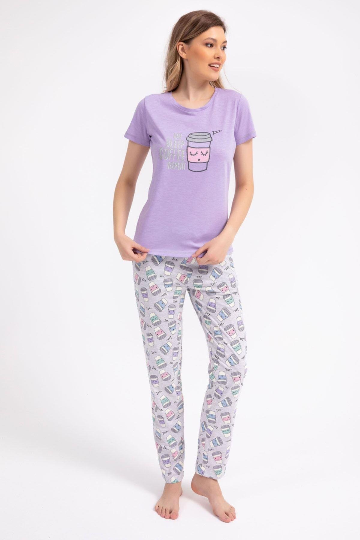 Eat Sleep Coffee Repeat Lila Kadın Pijama Takımı