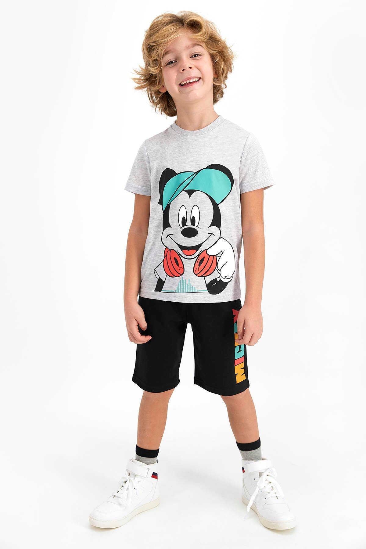 Erkek Çocuk Gri Mickey Mouse Lisanslı Karmelanj Bermuda Takım