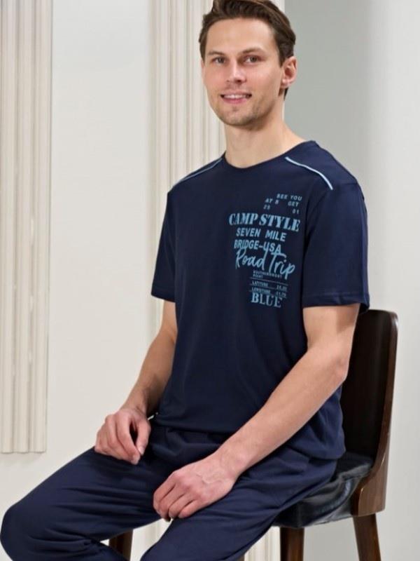 Erkek Sıfır Yaka Kısa Kollu Pijama Takımı