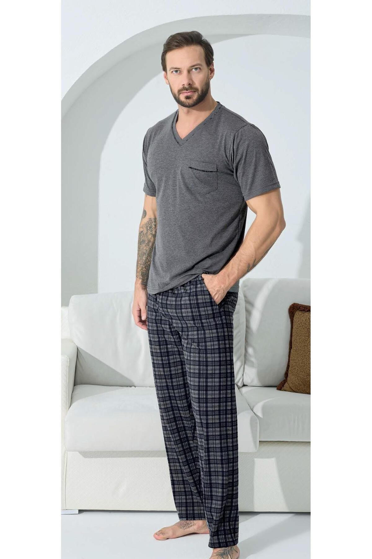 KLY 9508 V Yaka Ekoseli Pijama Takım