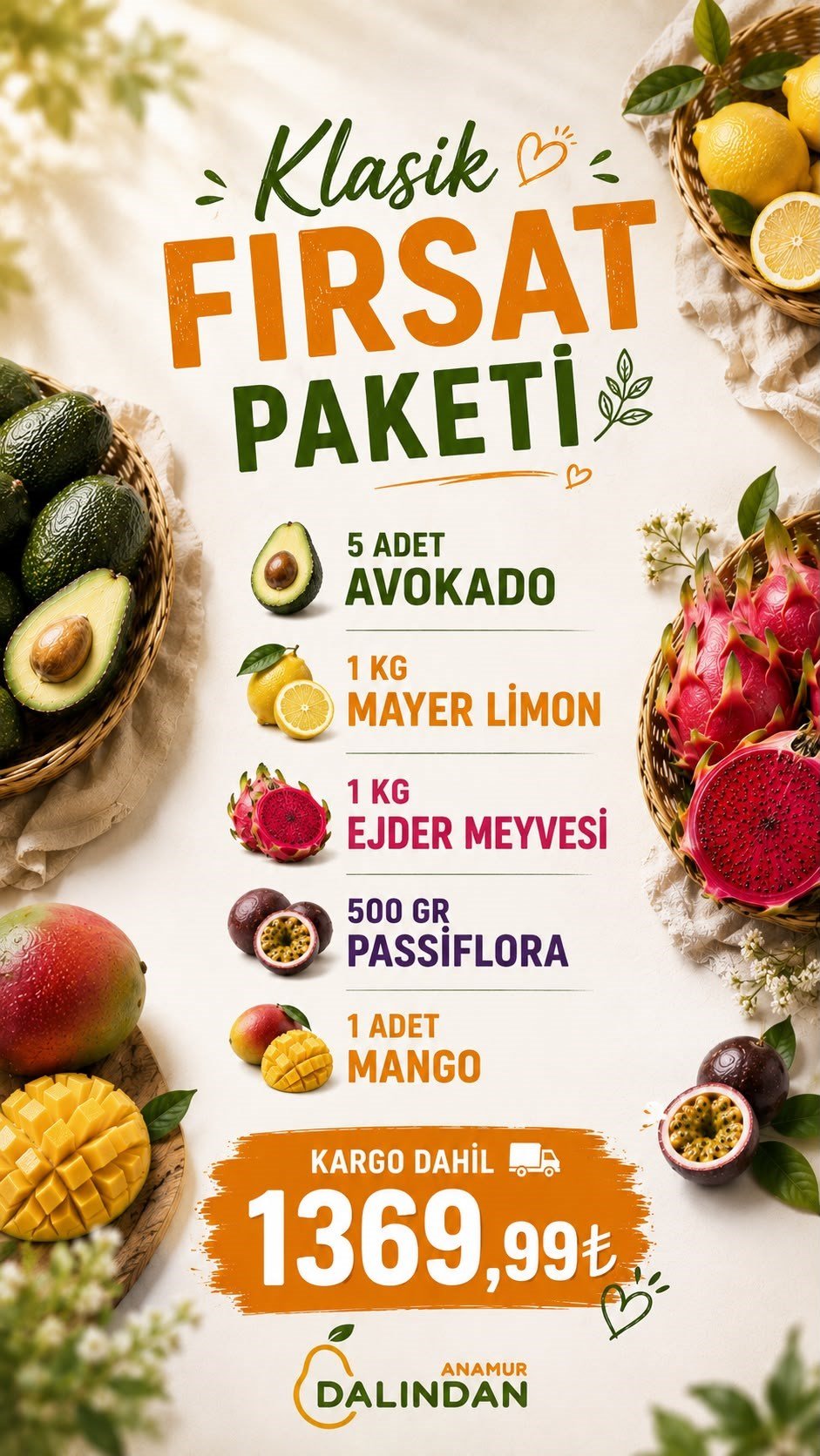 Klasik Fırsat Paketi ( 5 Adet Clifton Avokado , 1 kg Mayer Limon , 1 kg Ejder Meyvesi , 500gr Passiflora , 1 Adet Mango )