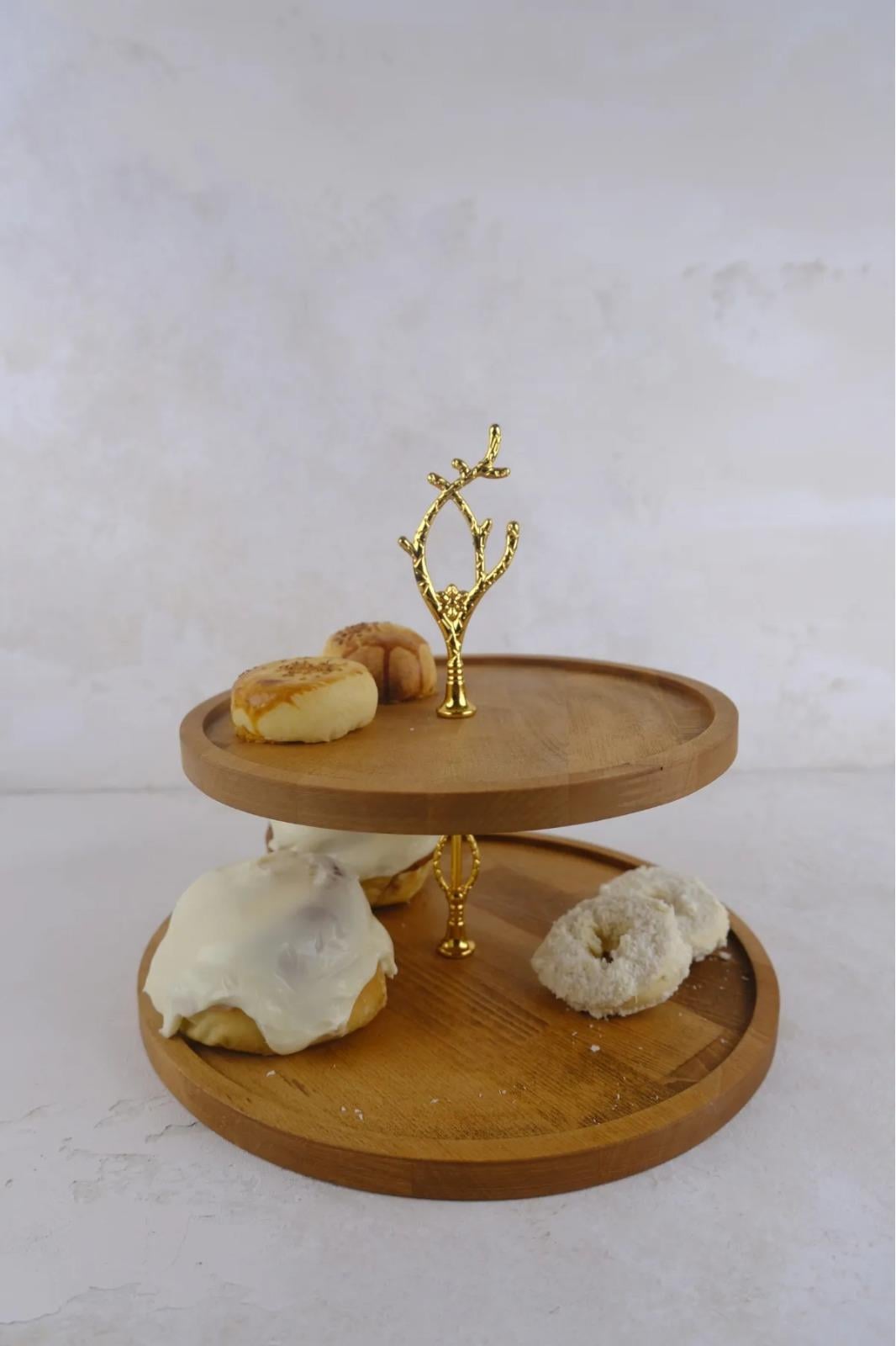 2 Katlı 25/30 cm Gold FİLİZ Ahşap Kek Sunum Standı, Servis Sunum Tabağı, İkramlık