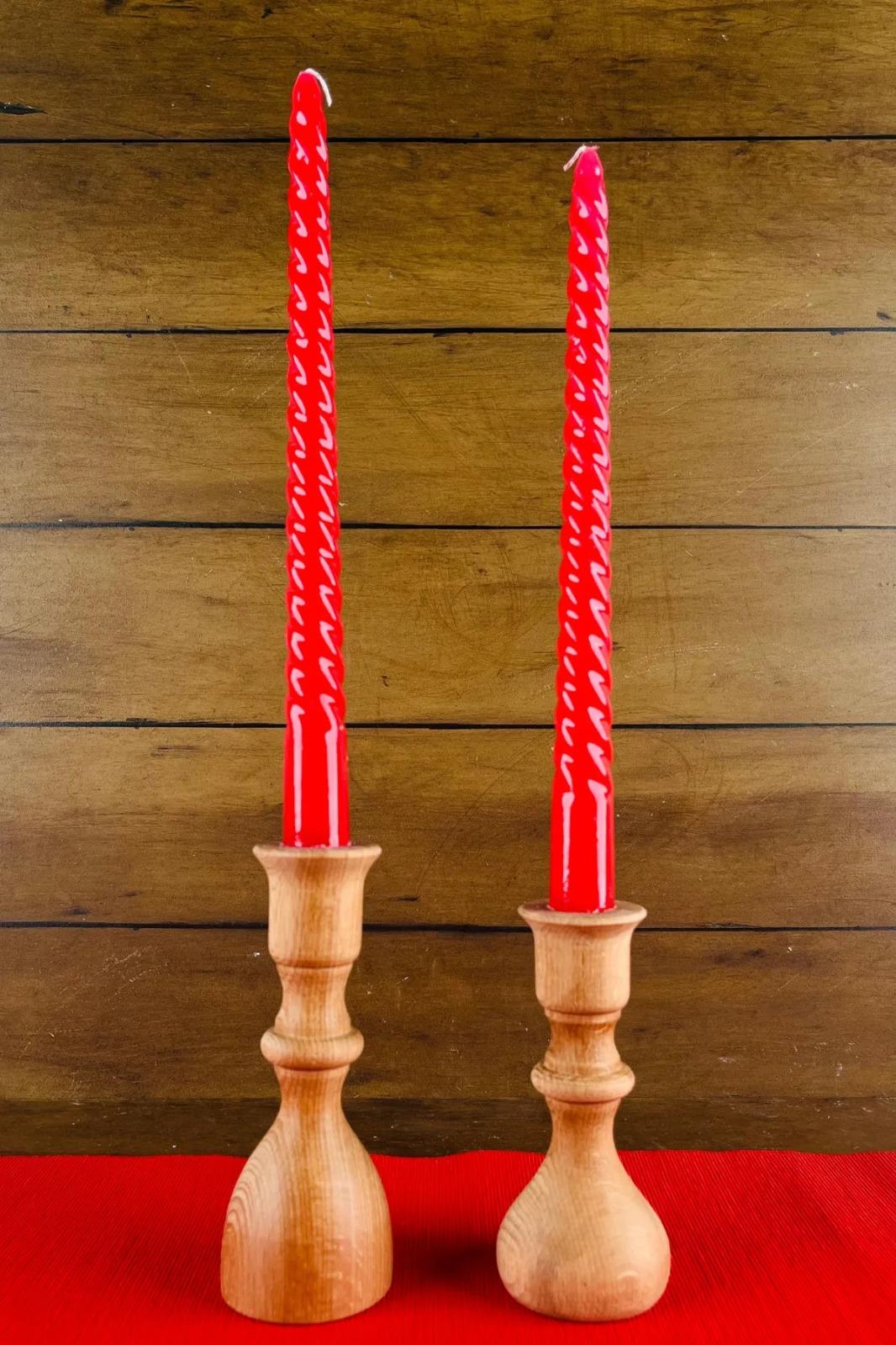 2 Li Damla Model Ahşap Şamdan Seti, Dekoratif Şamdan - 12 ve 17 Cm
