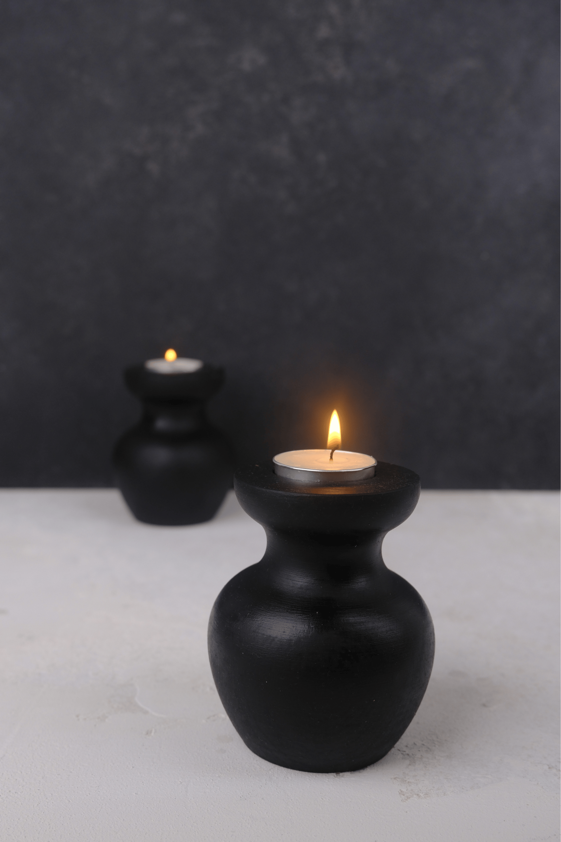 2 Li Siyah Büyük Nar Model Tealight Ahşap Şamdan Seti Dekoratif Şamdan