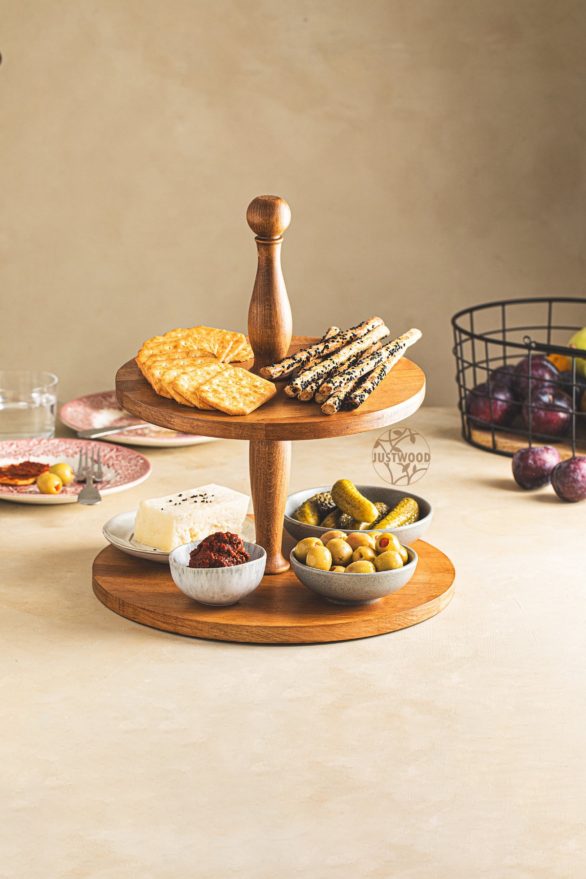 JustWood 2 Katlı Düz Tabaklı Ahşap Kek Pasta Sunumluk Standı, Servis Sunum Tabağı, İkramlık