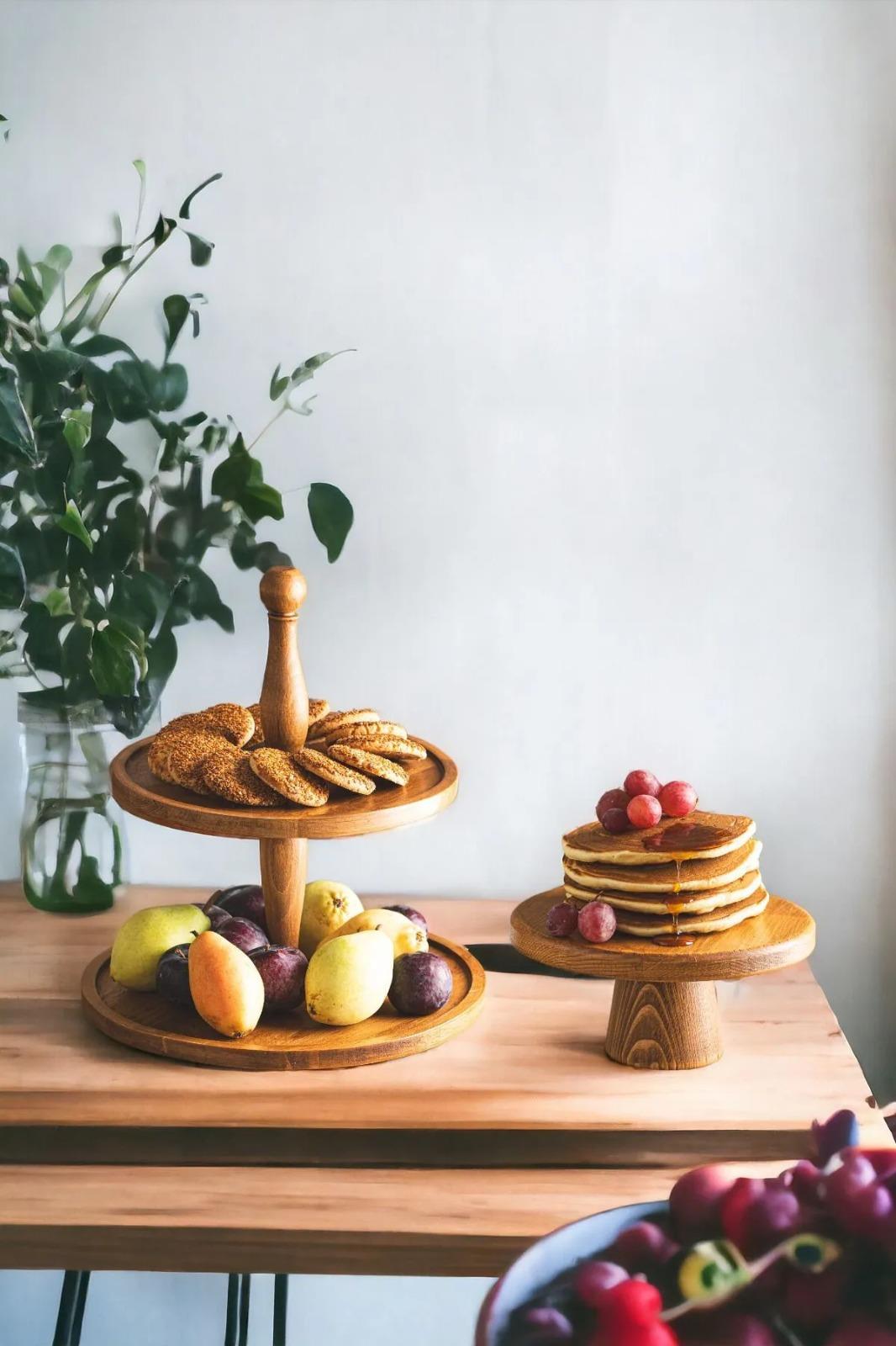 Justwood 2 Li 2 Katlı Kek Stantı Ve 20 Cm Mini Ahşap Kurabiye Pasta Sunumluk Seti