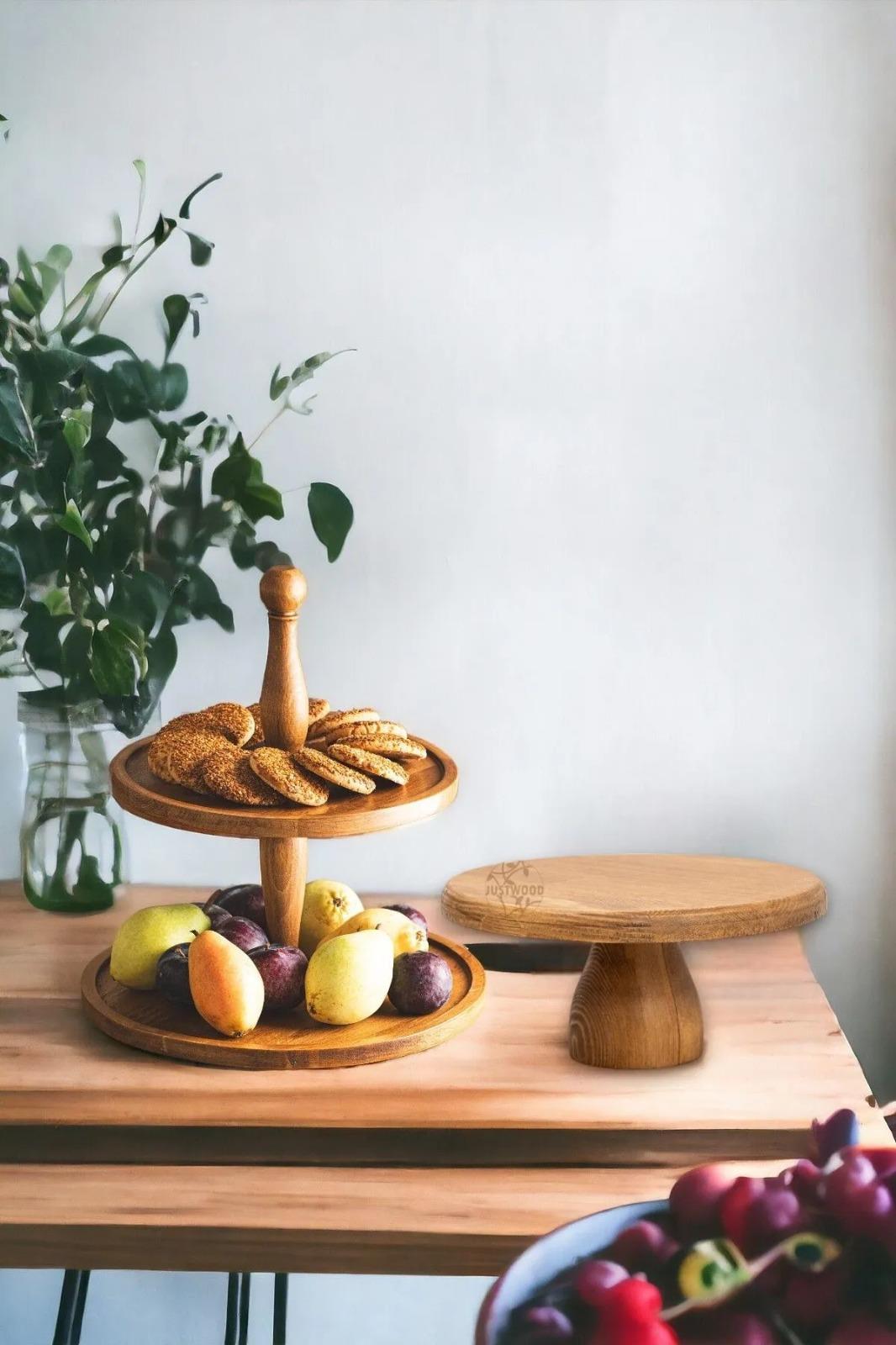 Justwood 2 Li 2 Katlı Kek Stantı Ve 25/10 Cm Lucca Ahşap Pasta Sunumluk Seti
