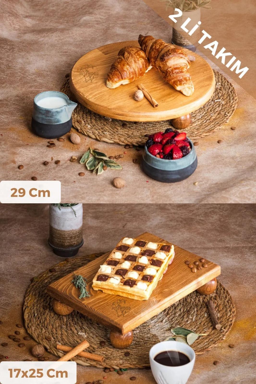 Justwood 2 Li Risus Top Ayaklı 29 Cm Ve 17x25 Cm Ahşap Dikdörtgen Pasta Sunum Servis Tabağı Seti