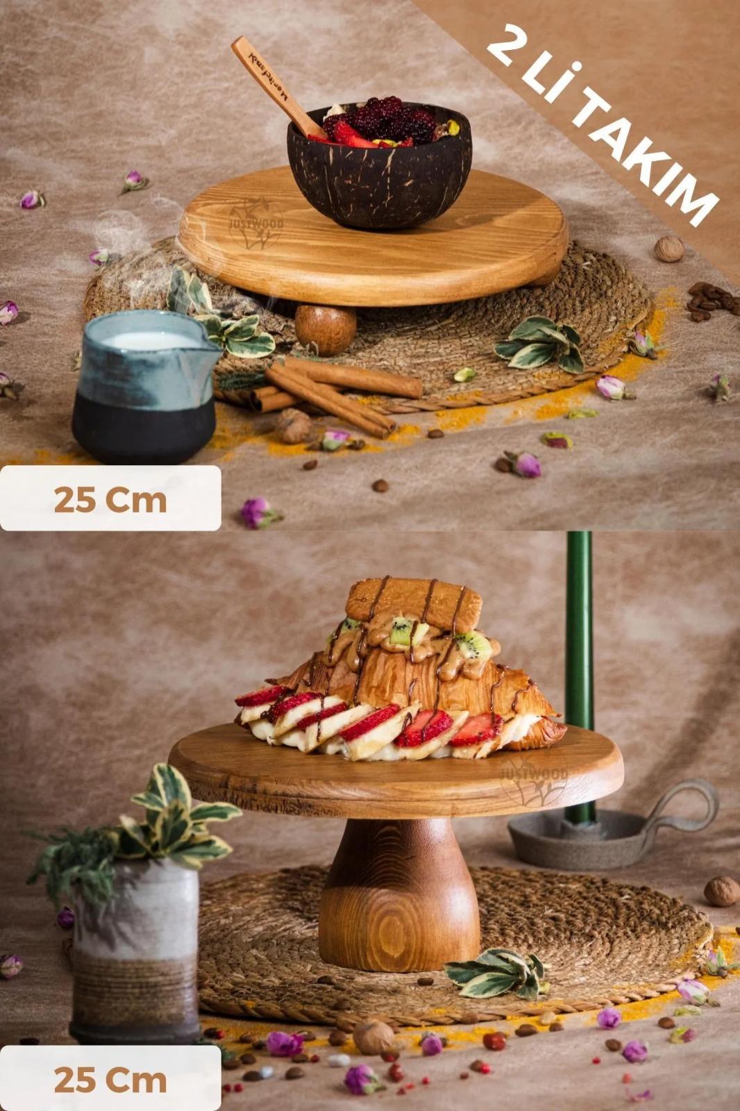 Justwood 2 Li Risus&lucca Top Ayaklı 25 Cm Ve 25 Ahşap Yuvarlak Pasta Sunum Servis Tabağı Seti