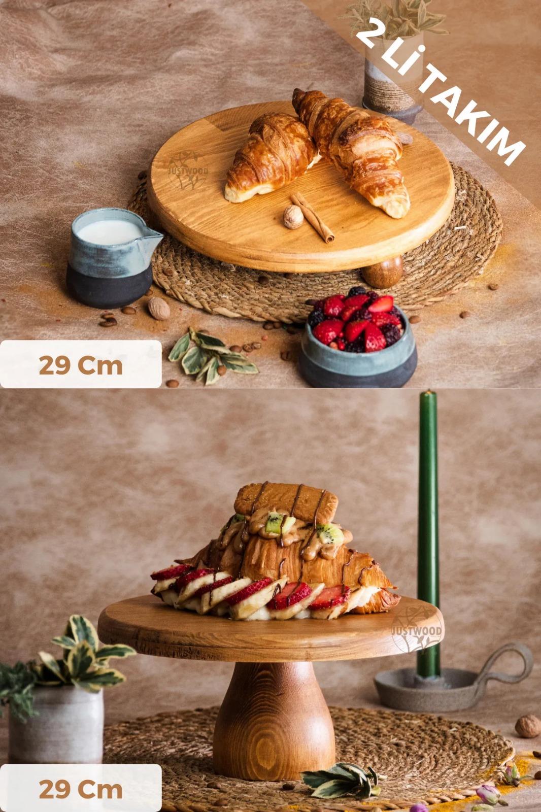 Justwood 2 Li Risus&lucca Top Ayaklı 29 Cm Ve 29 Ahşap Yuvarlak Pasta Sunum Servis Tabağı Seti