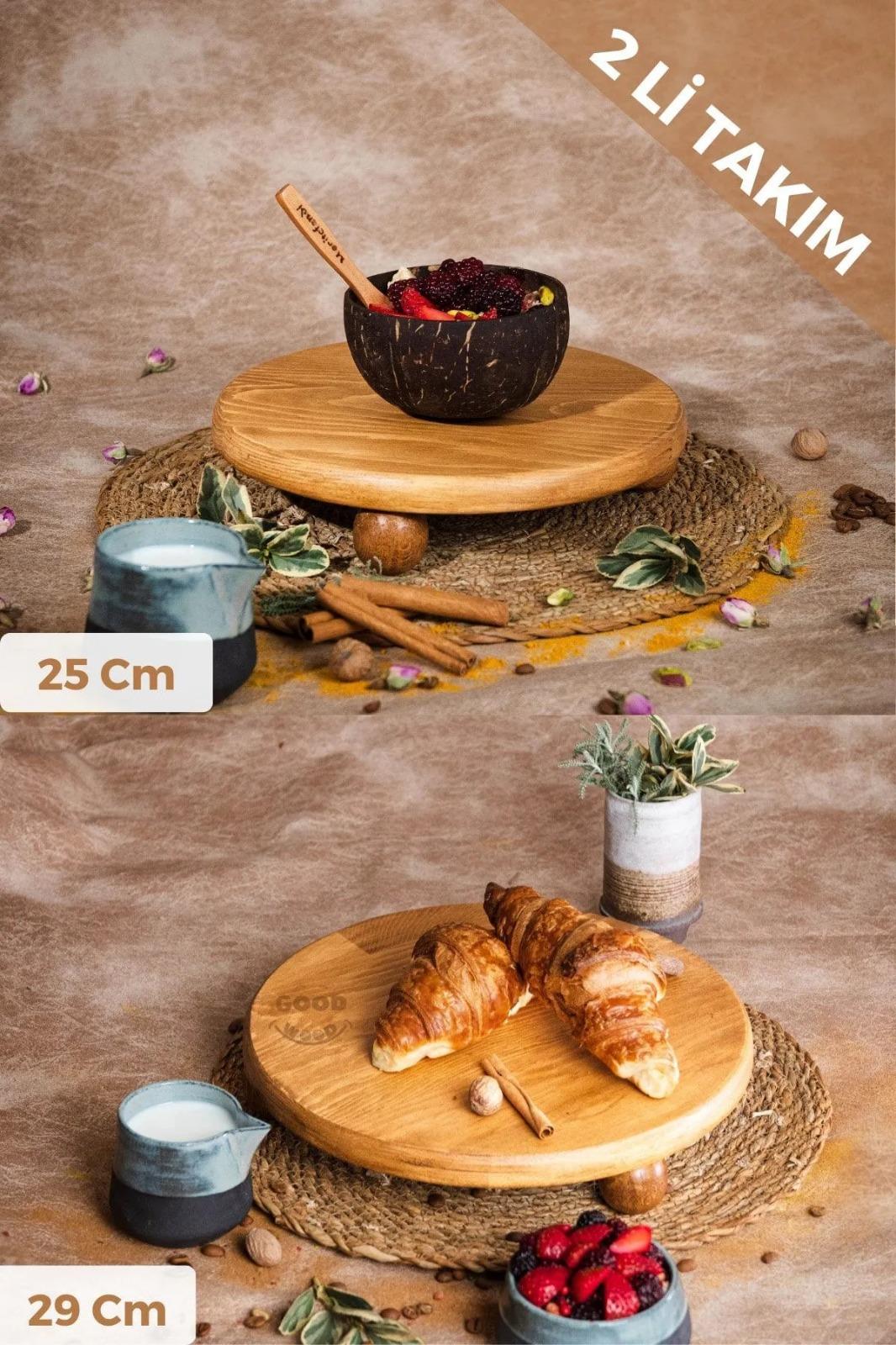 Justwood 2 Li Risustop Ayaklı 25 Cm Ve 29 Cm Ahşap Yuvarlak Pasta Sunum Servis Tabağı Seti