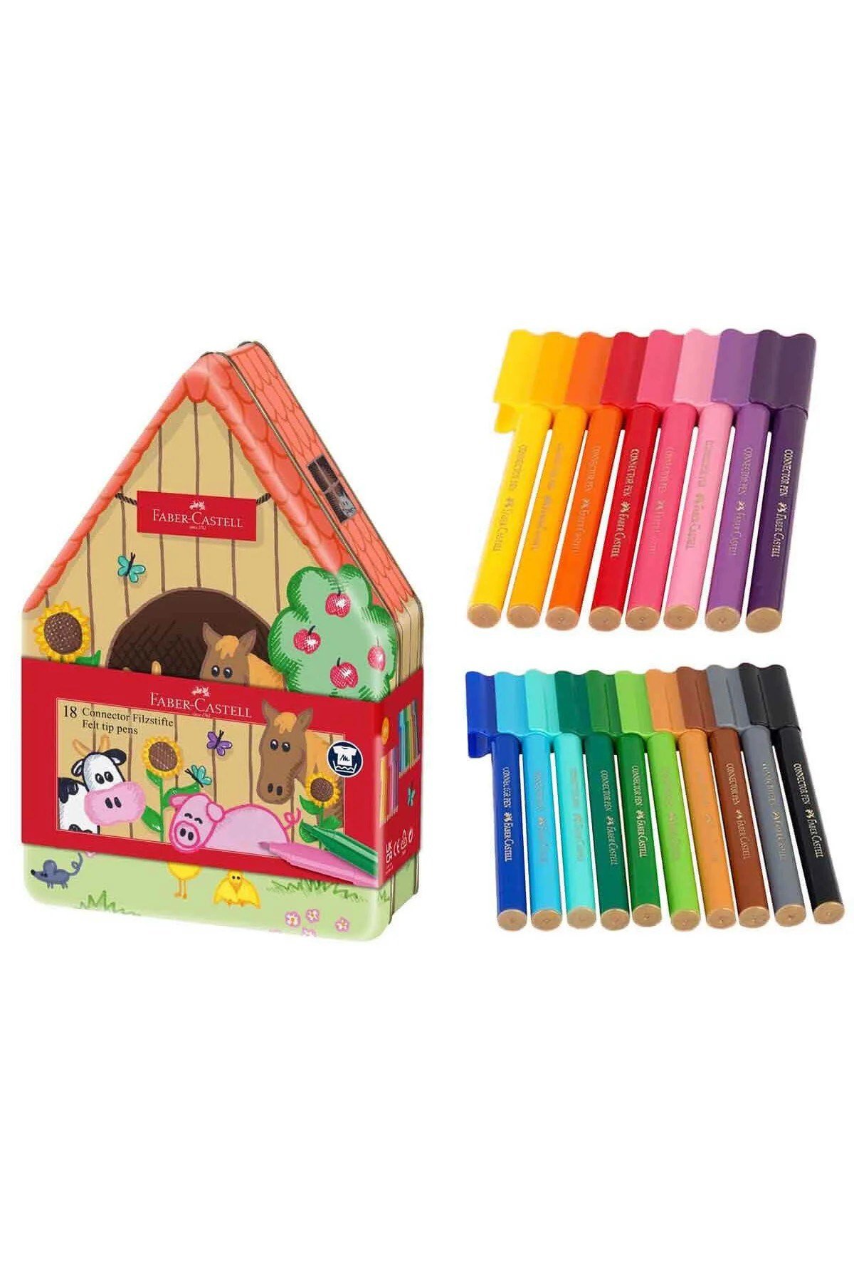 Faber Castell Keçeli Kalem Seti Connector Çiftlik - 18'li Metal Kutu, Yıkanabilir