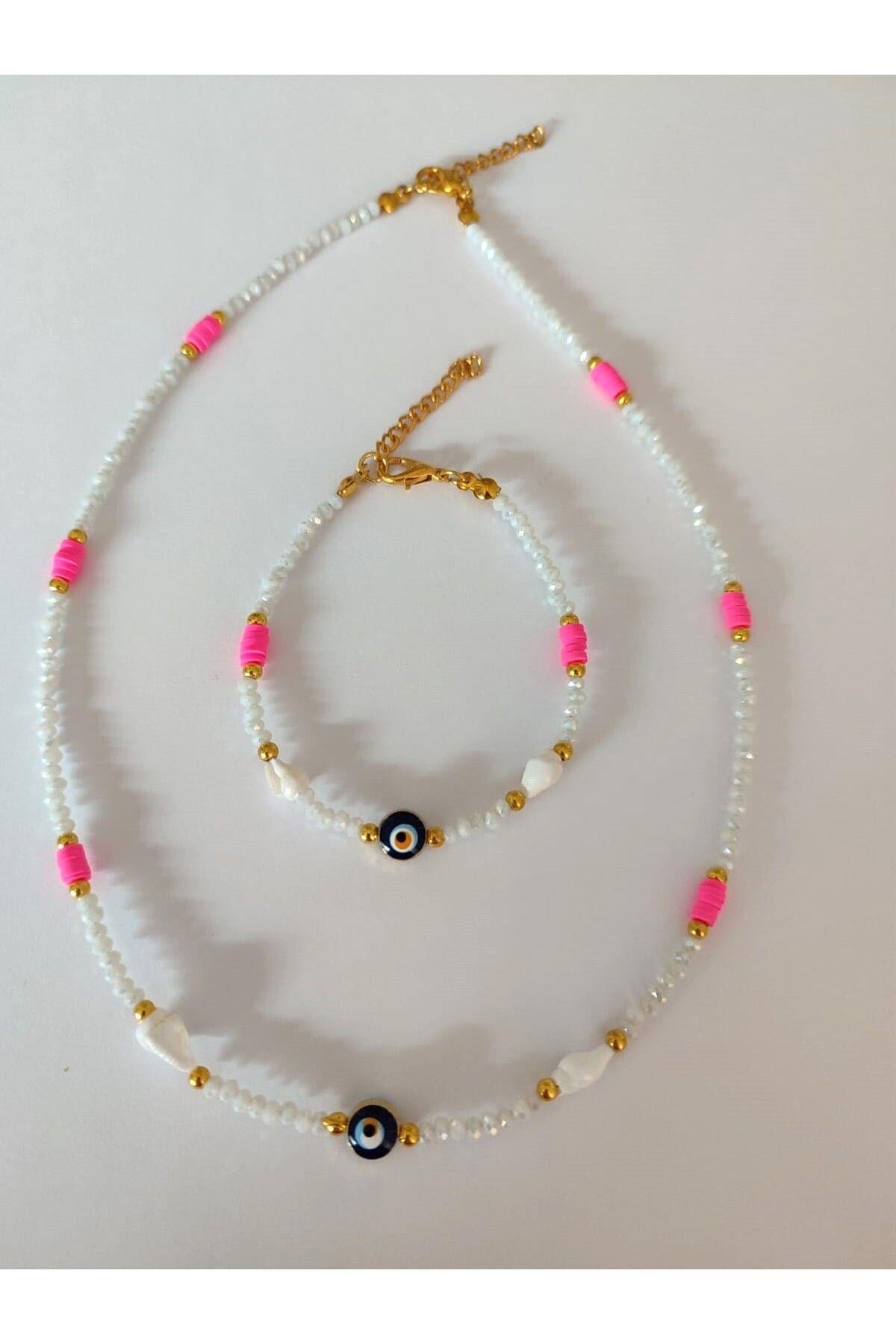 Beyaz- Pembe Kristal Takı Seti