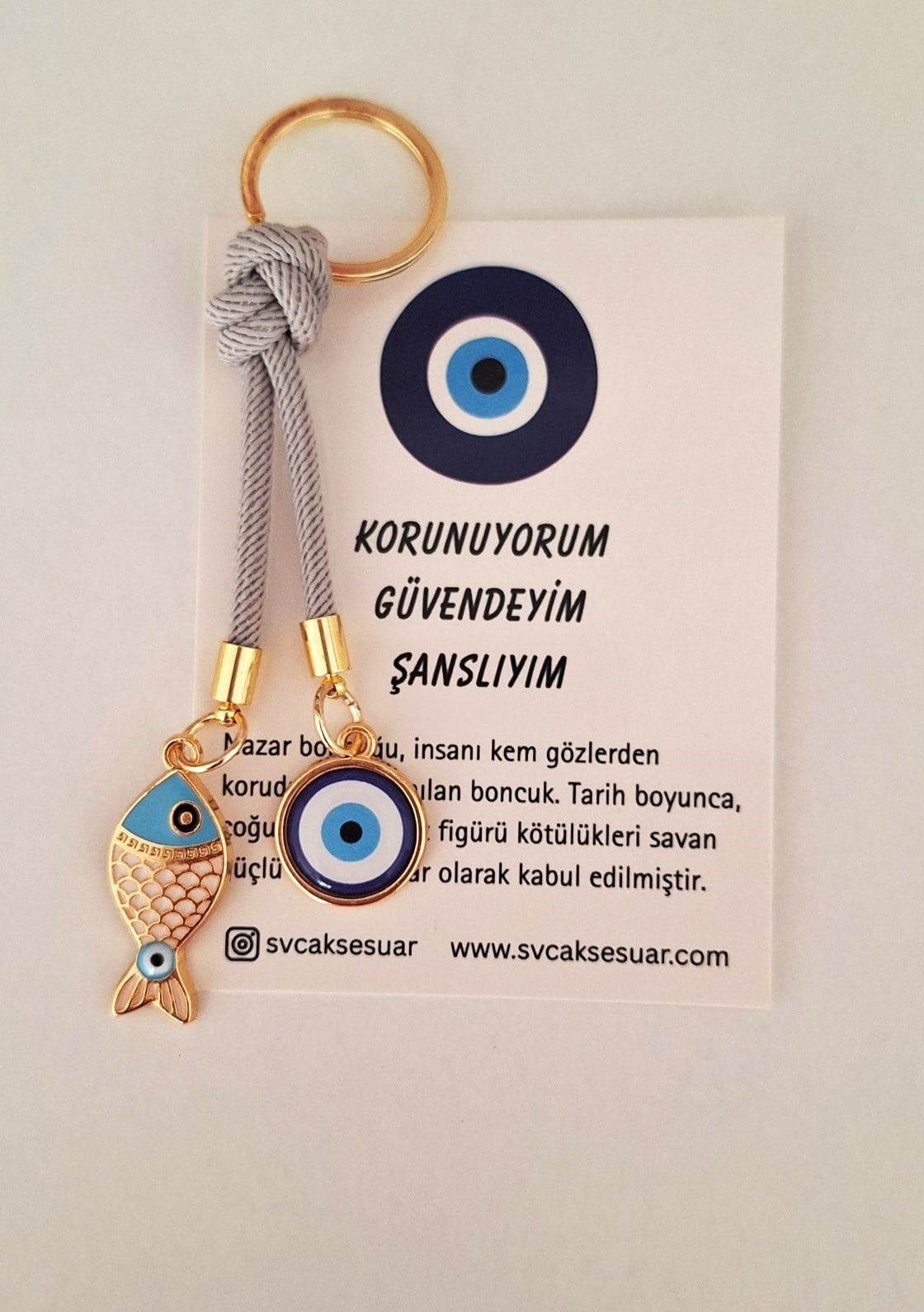 Hediyelik Marin Serisi Nazar Boncuklu Gri İpli Anahtarlık