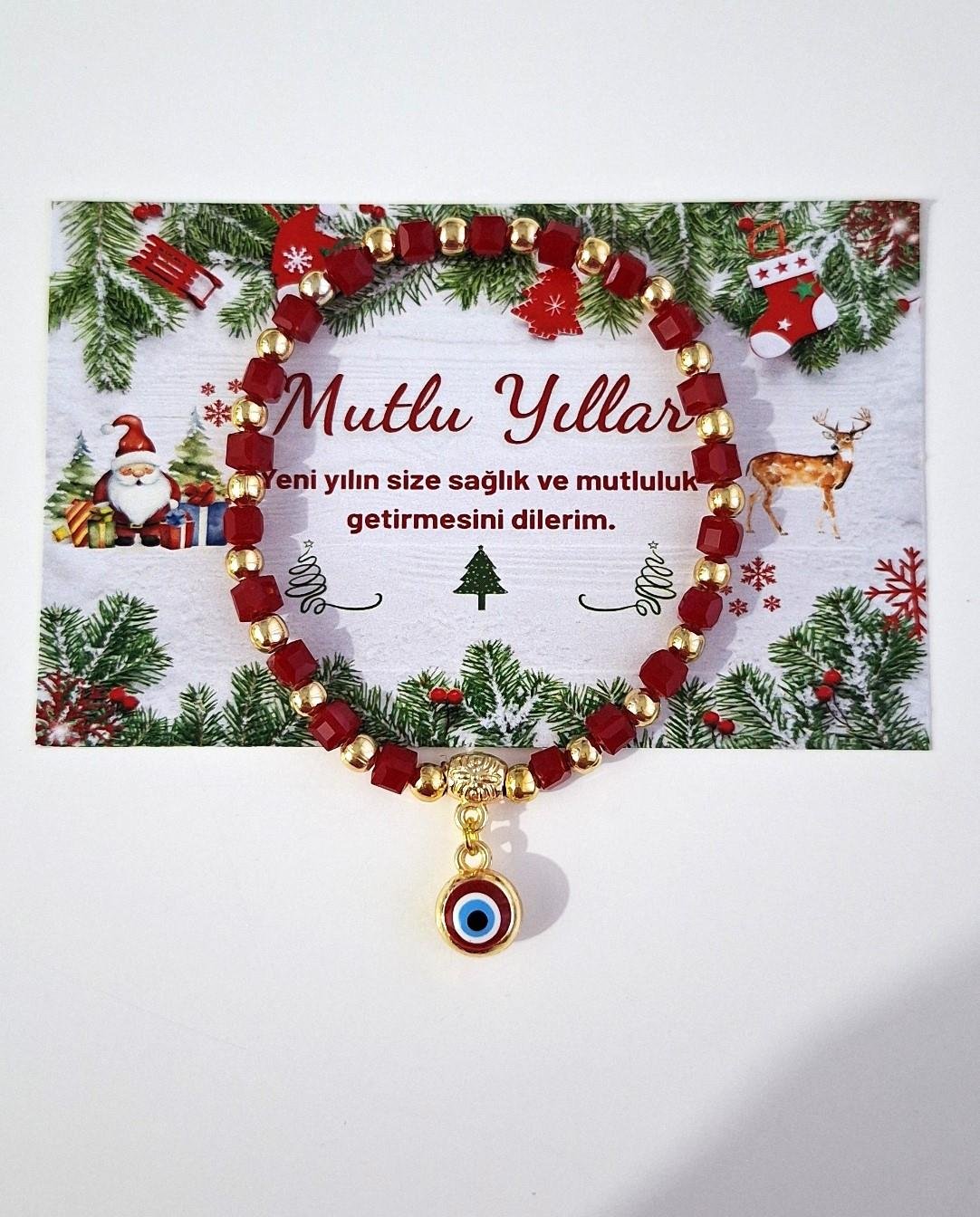 Yeni Yıl Hediyelik Kristal Taşlı Nazar Boncuklu Kırmızı Bileklik