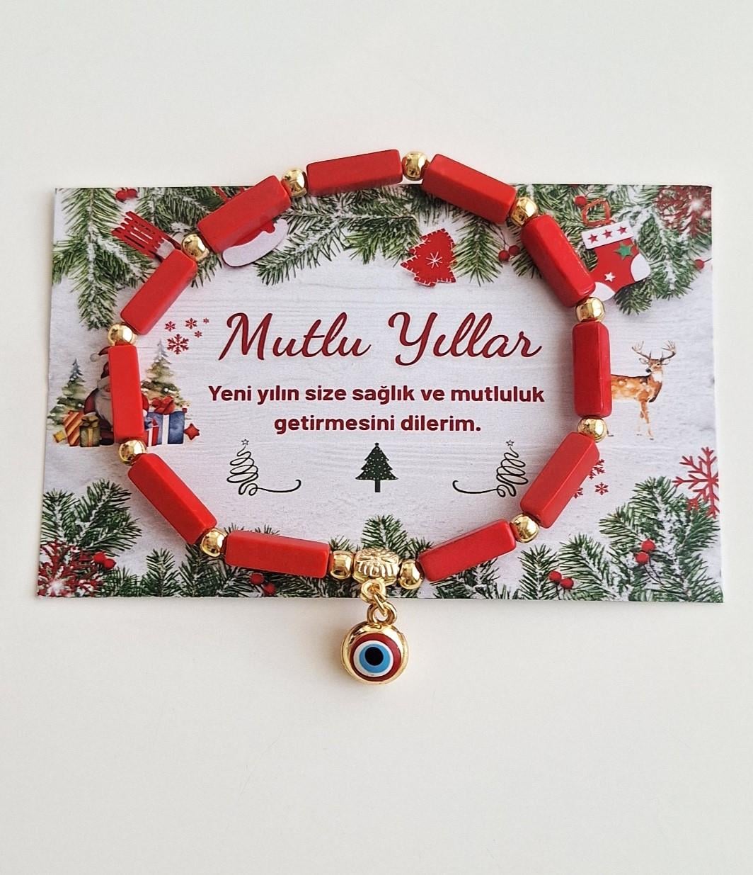 Yeni Yıl Hediyesi Kartlı Nazar Boncuklu kırmızı Bileklik