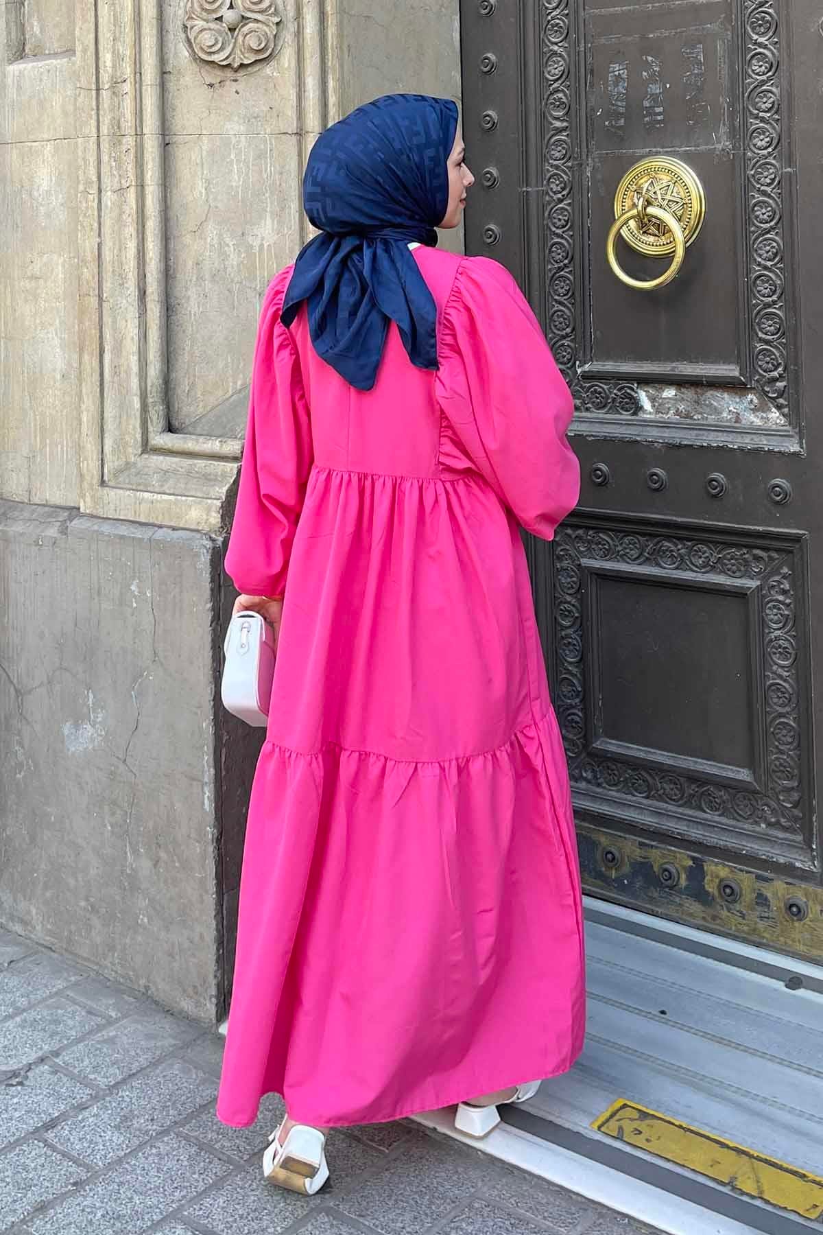 Balon Kol Katlı Yazlık Elbise Fuşya