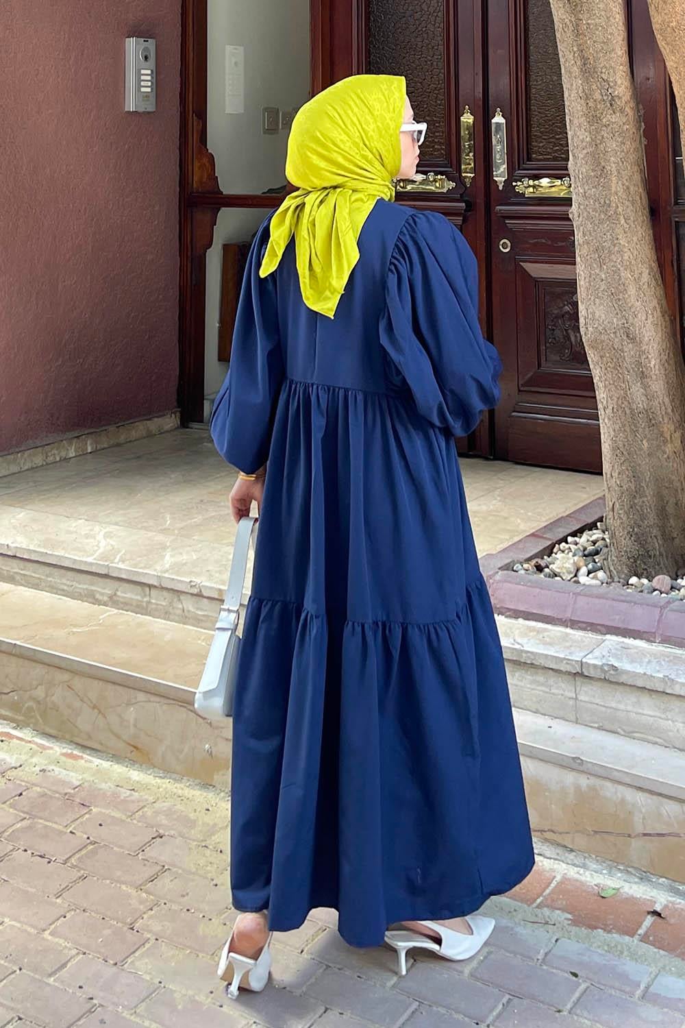 Balon Kol Katlı Yazlık Elbise Lacivert