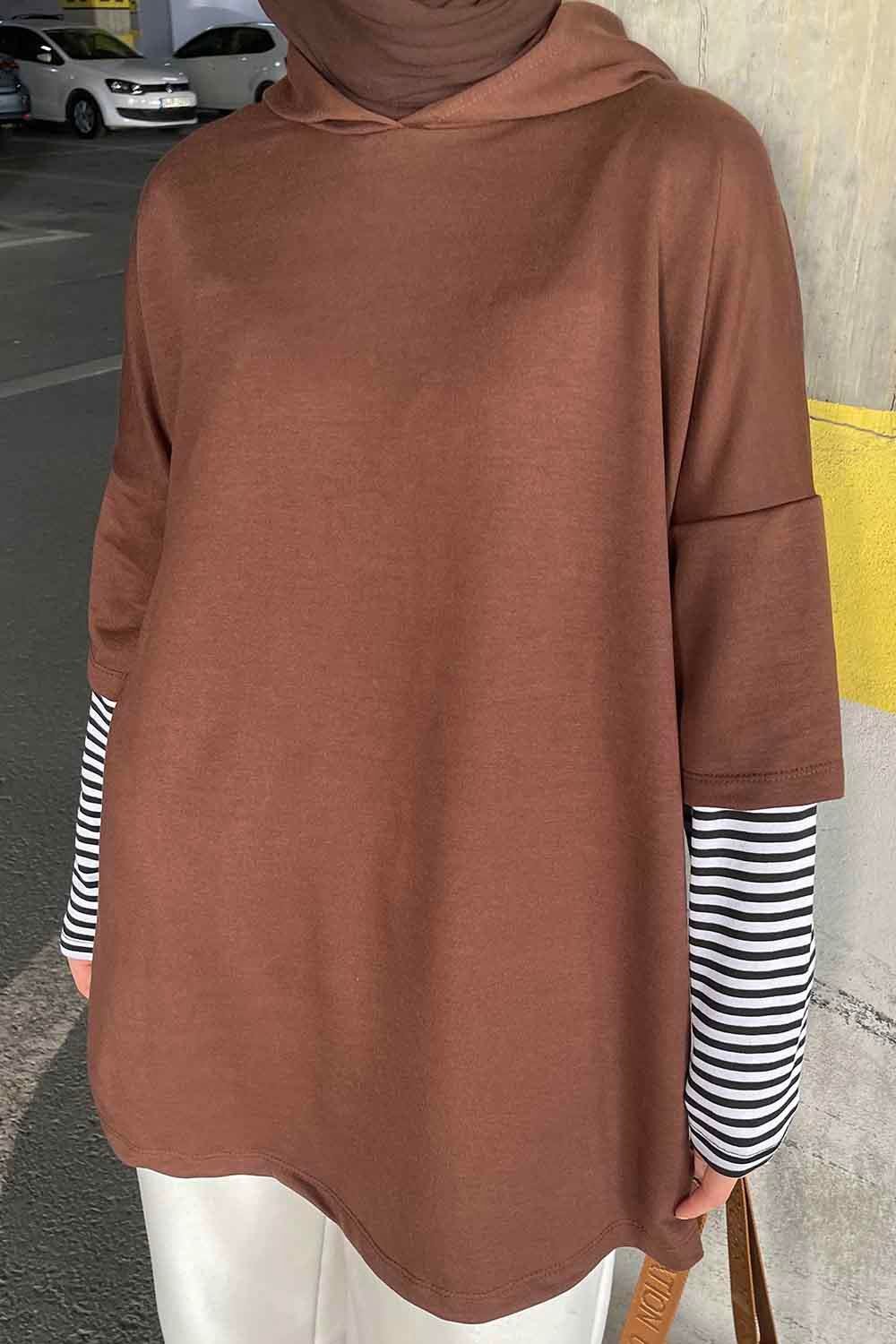 Kolu Çizgi Detaylı Kapüşonlu Sweat Acı Kahverengi