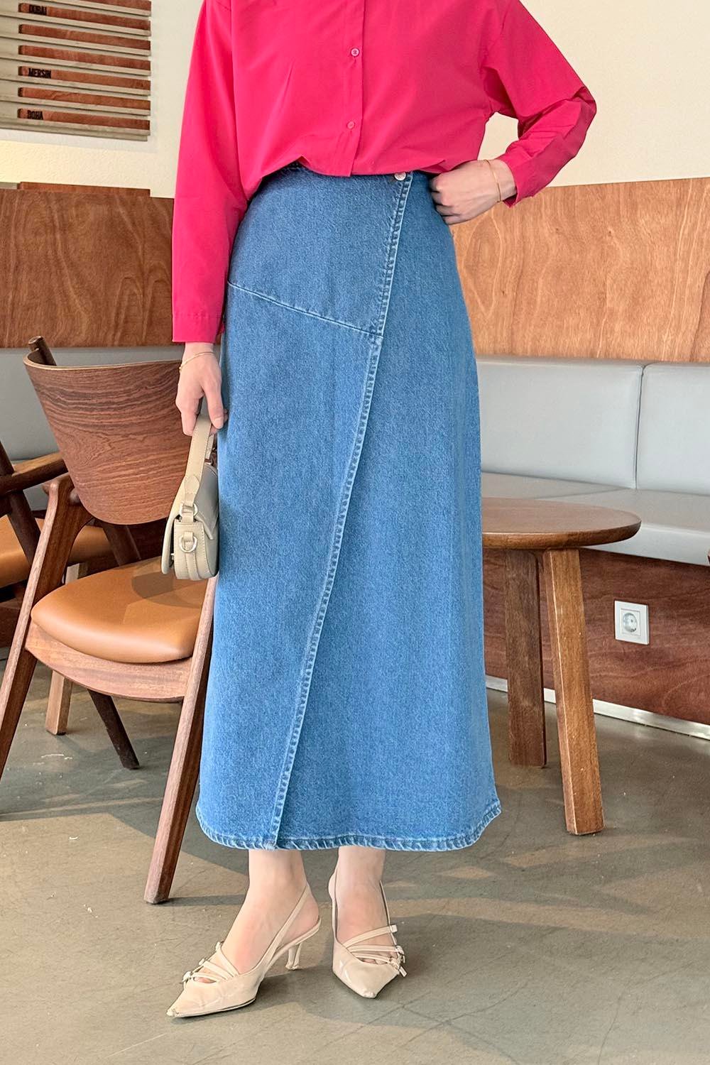 Kruvaze Kapama Tesettür Kot Etek Mavi