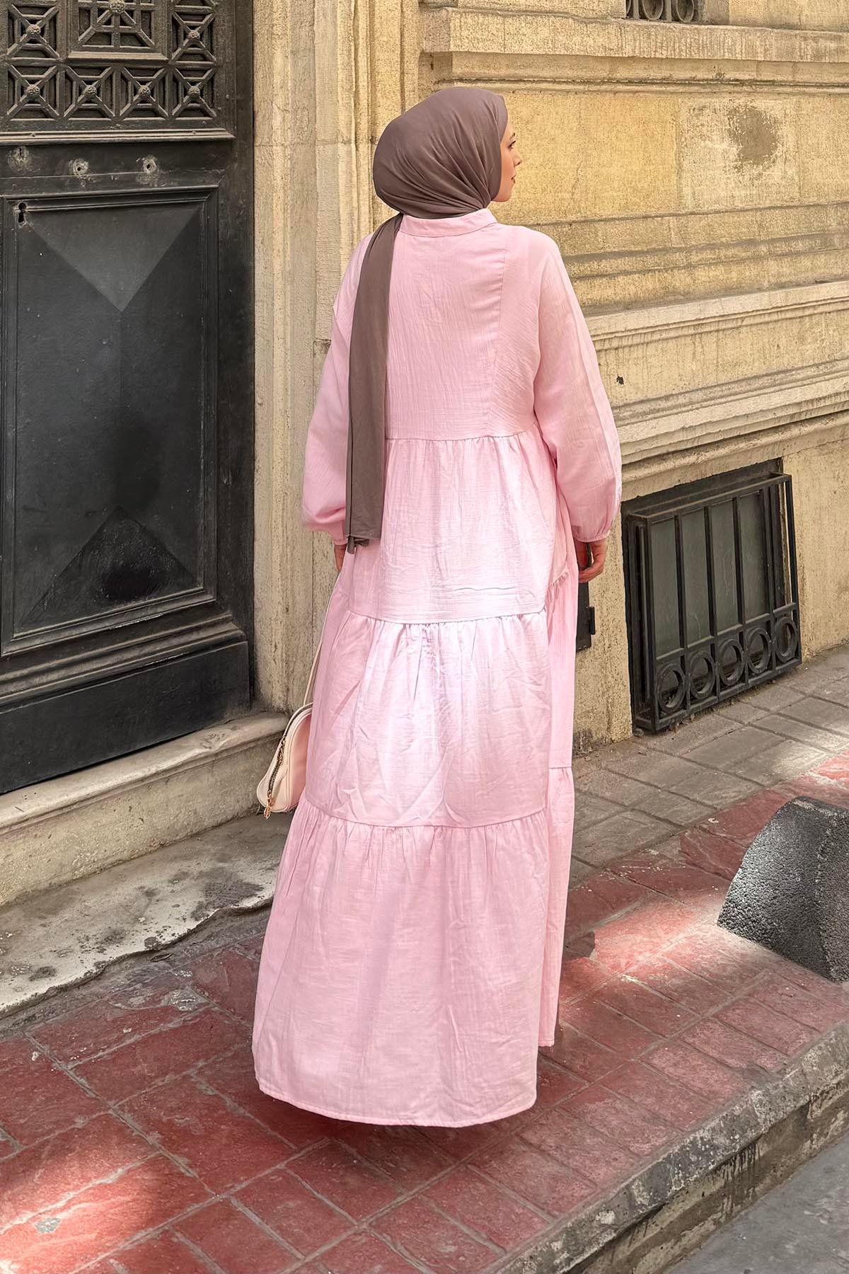 Ön Yarım Düğme Detaylı Müslin Kumaş Tesettür Elbise Pembe